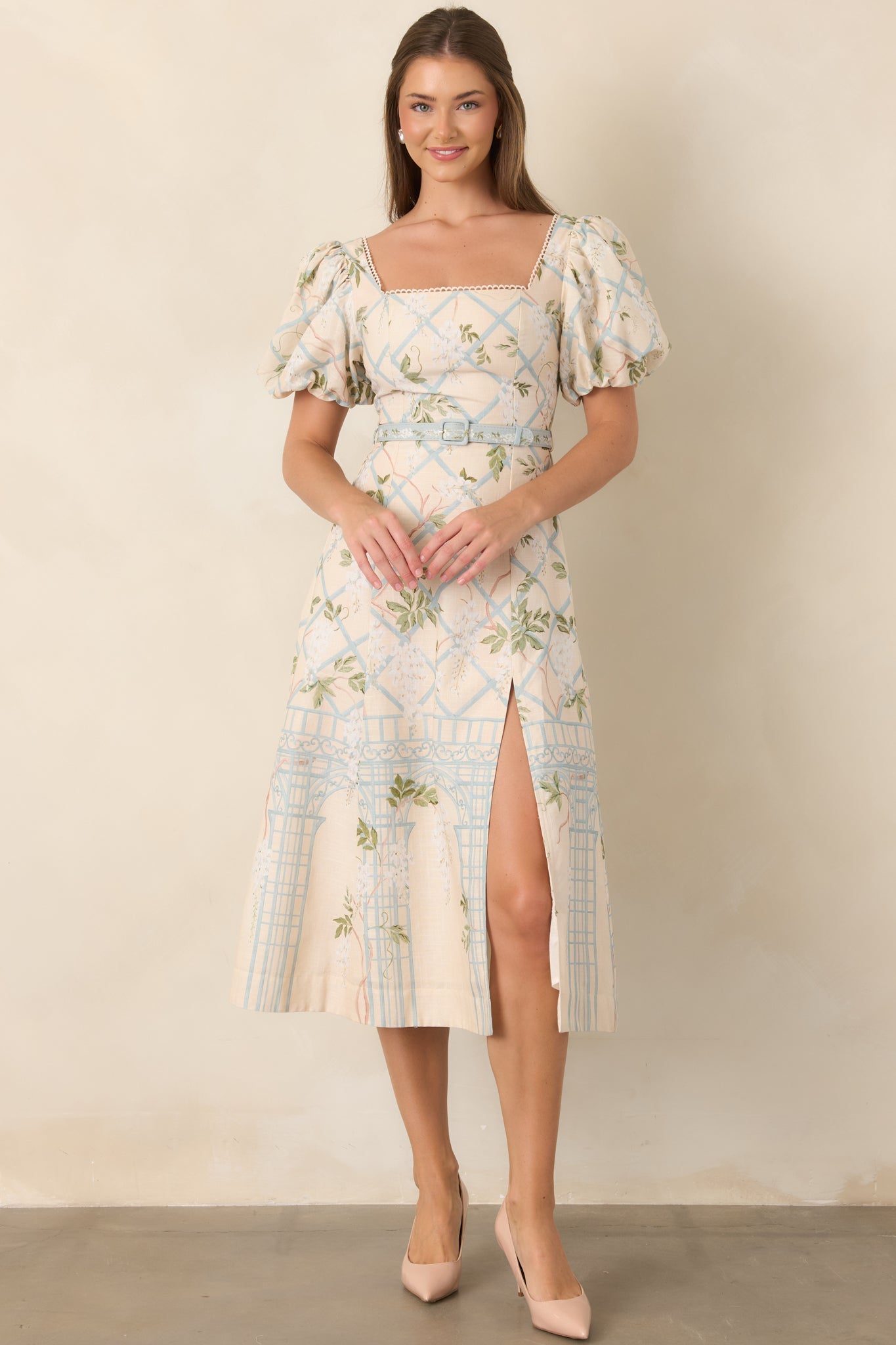 En Saison Georgina Ivory Floral Lattice Textured Midi Dress