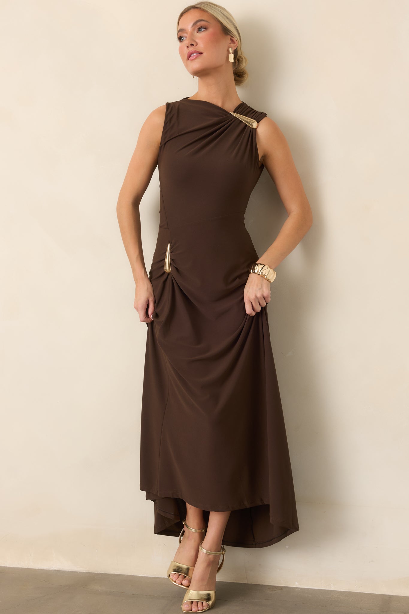 Astrid Blyth Chocolate Brown Draped Maxi Dress