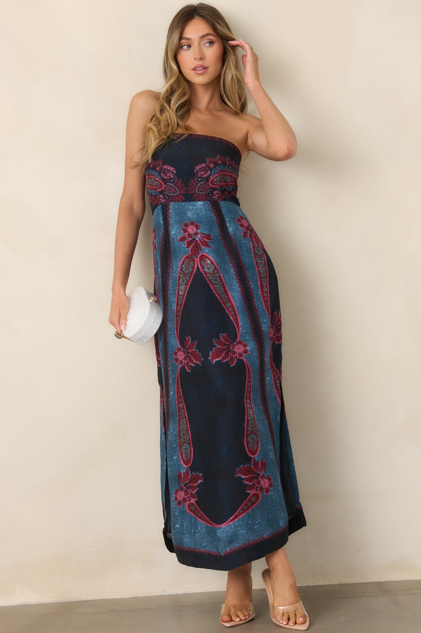 Anna Cate Bennett Obscura Navy Multi Strapless Midi Dress