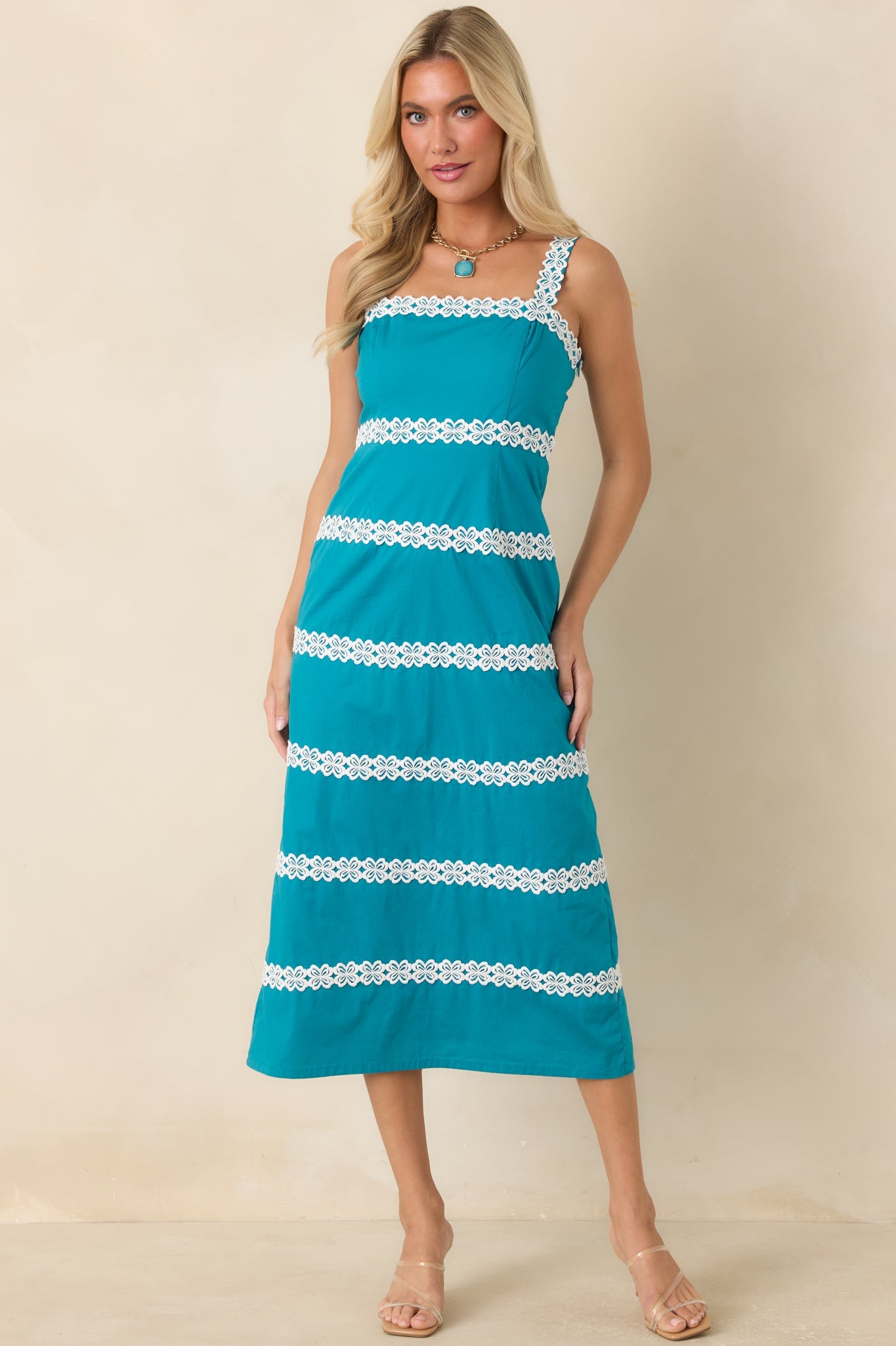 Couldn't Stay Away Teal & Ivory Floral Lace Midi Dress