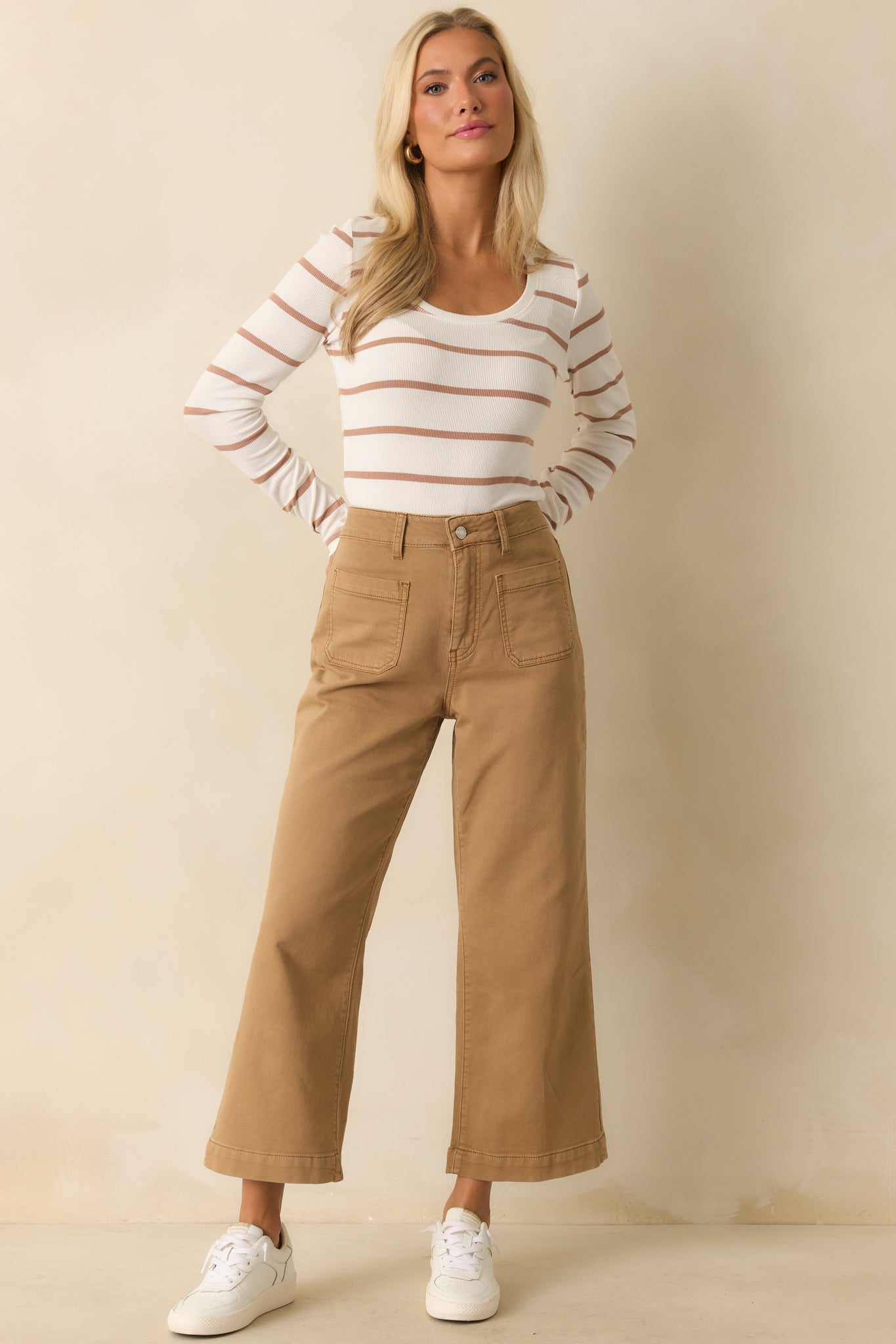 Always In Rotation Caramel Brown Stripe Long Sleeve Top