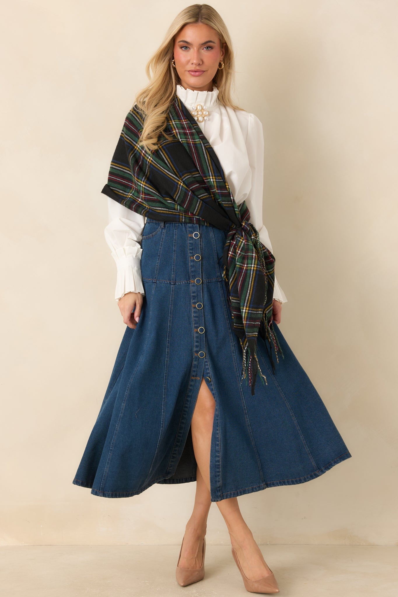As the Day Goes On Dark Wash Button Front Denim Midi Skirt