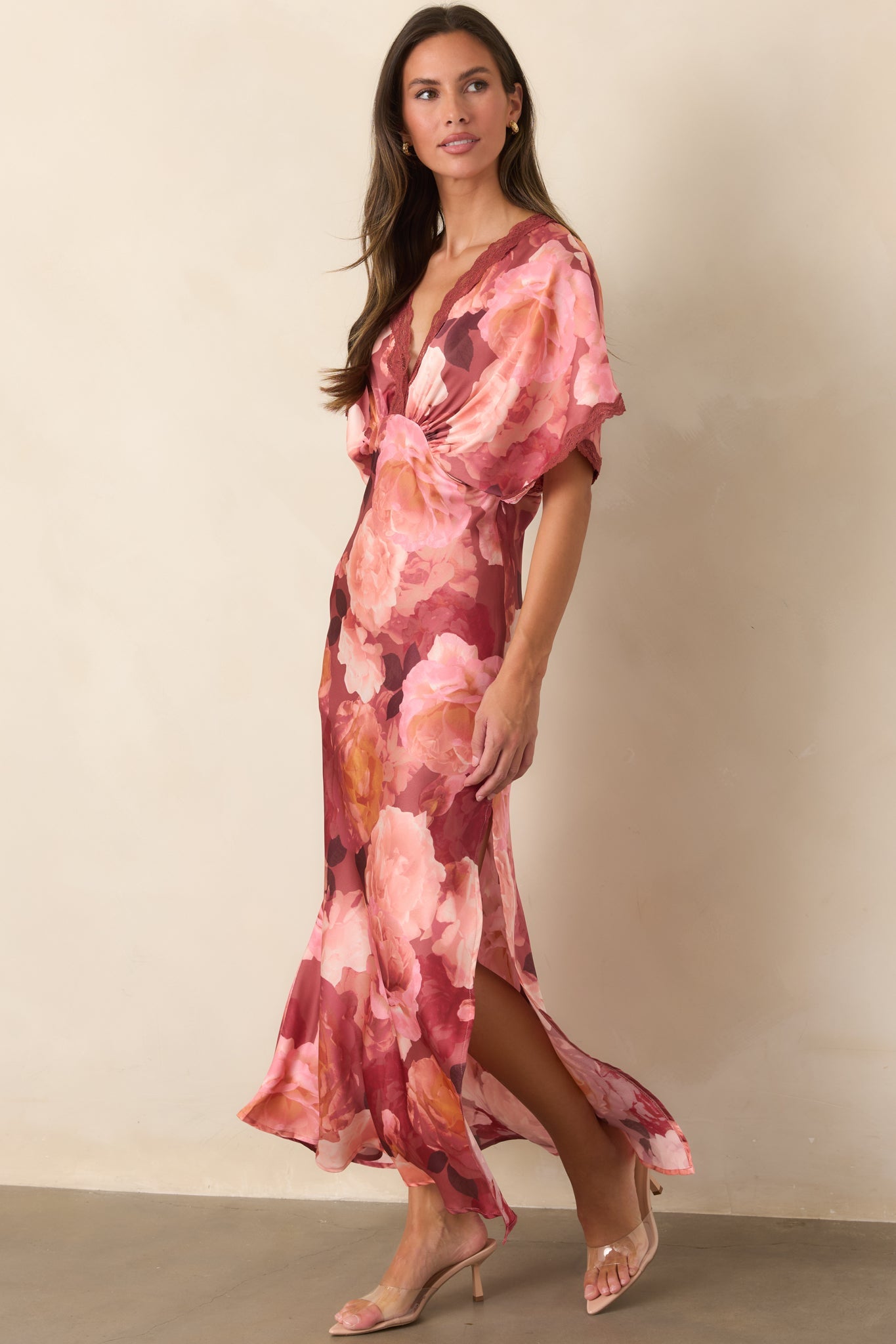 All The Right Reasons Blush Floral Satin Lace Trim Maxi Dress