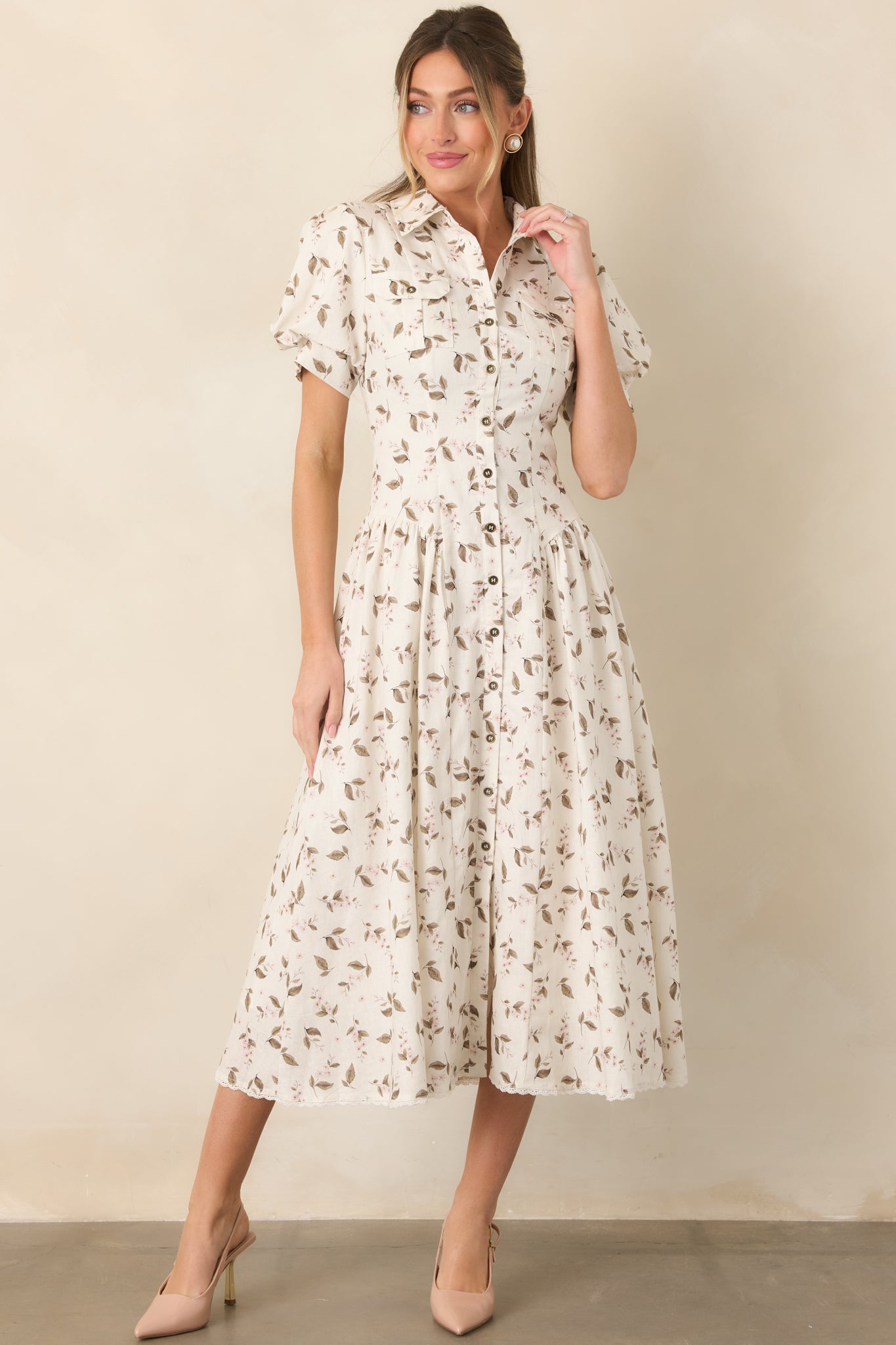 En Saison Hannah Ivory Floral Linen Blend Midi Shirt Dress