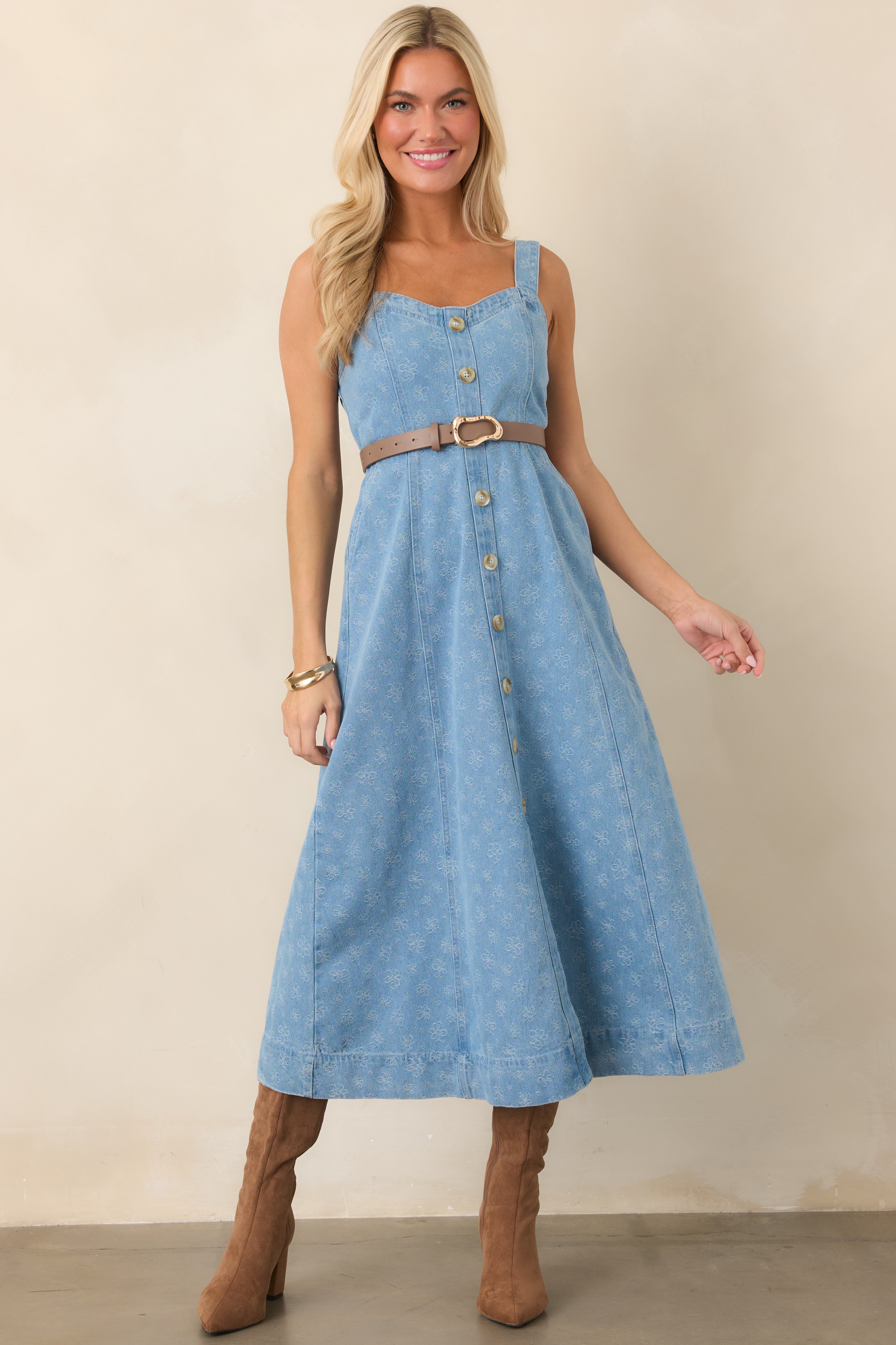 Dreaming in Blue Light Wash Denim Floral Midi Dress