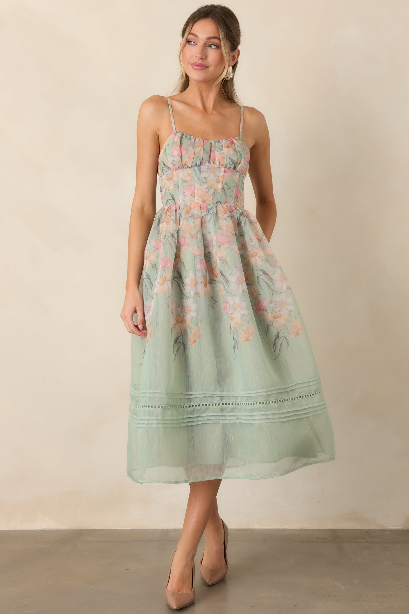 En Saison Kacey Sage Multi Floral Ruched Bodice Midi Dress