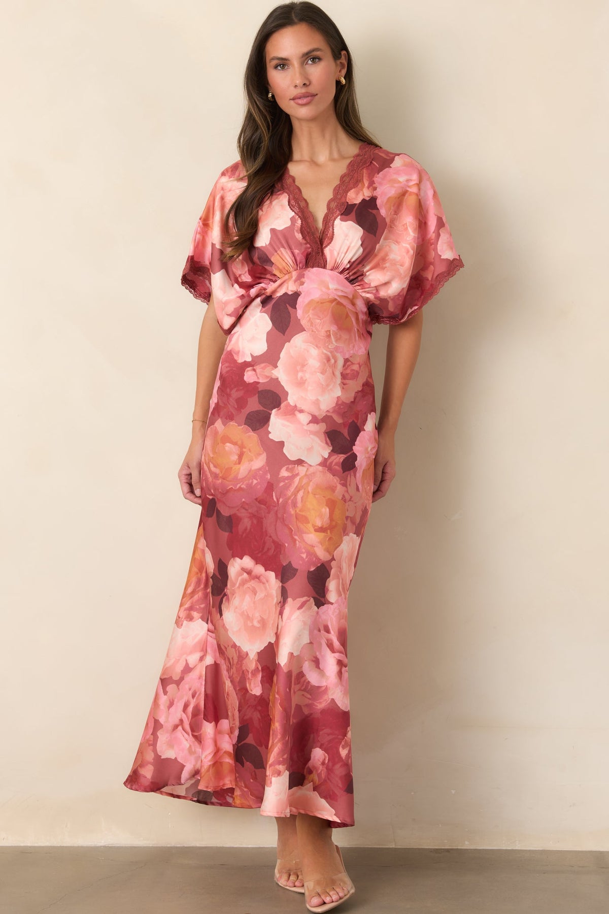 All The Right Reasons Blush Floral Satin Lace Trim Maxi Dress