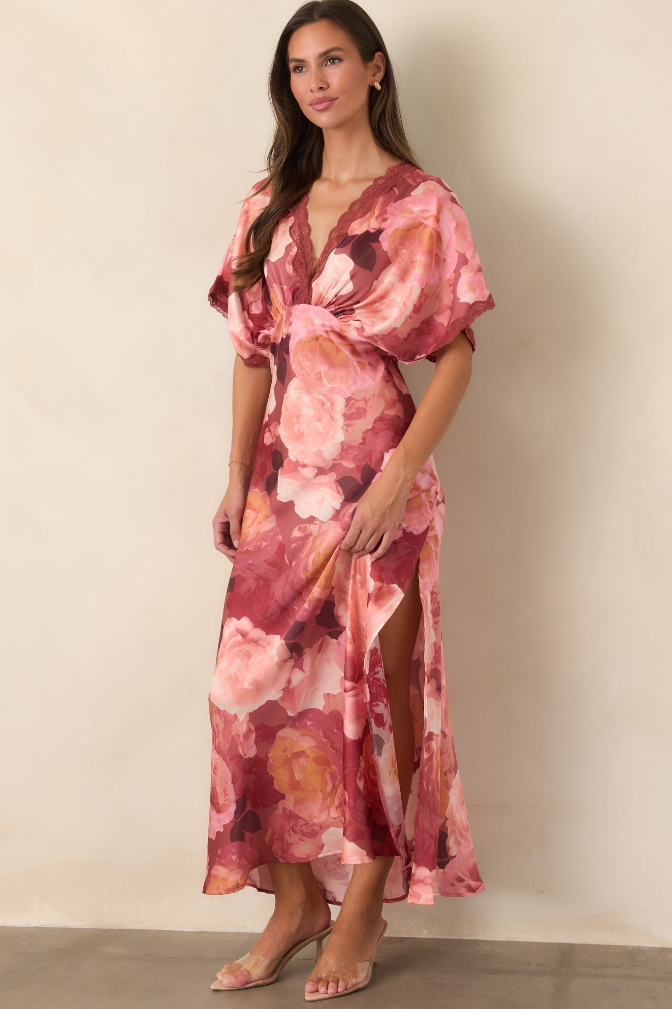 All The Right Reasons Blush Floral Satin Lace Trim Maxi Dress