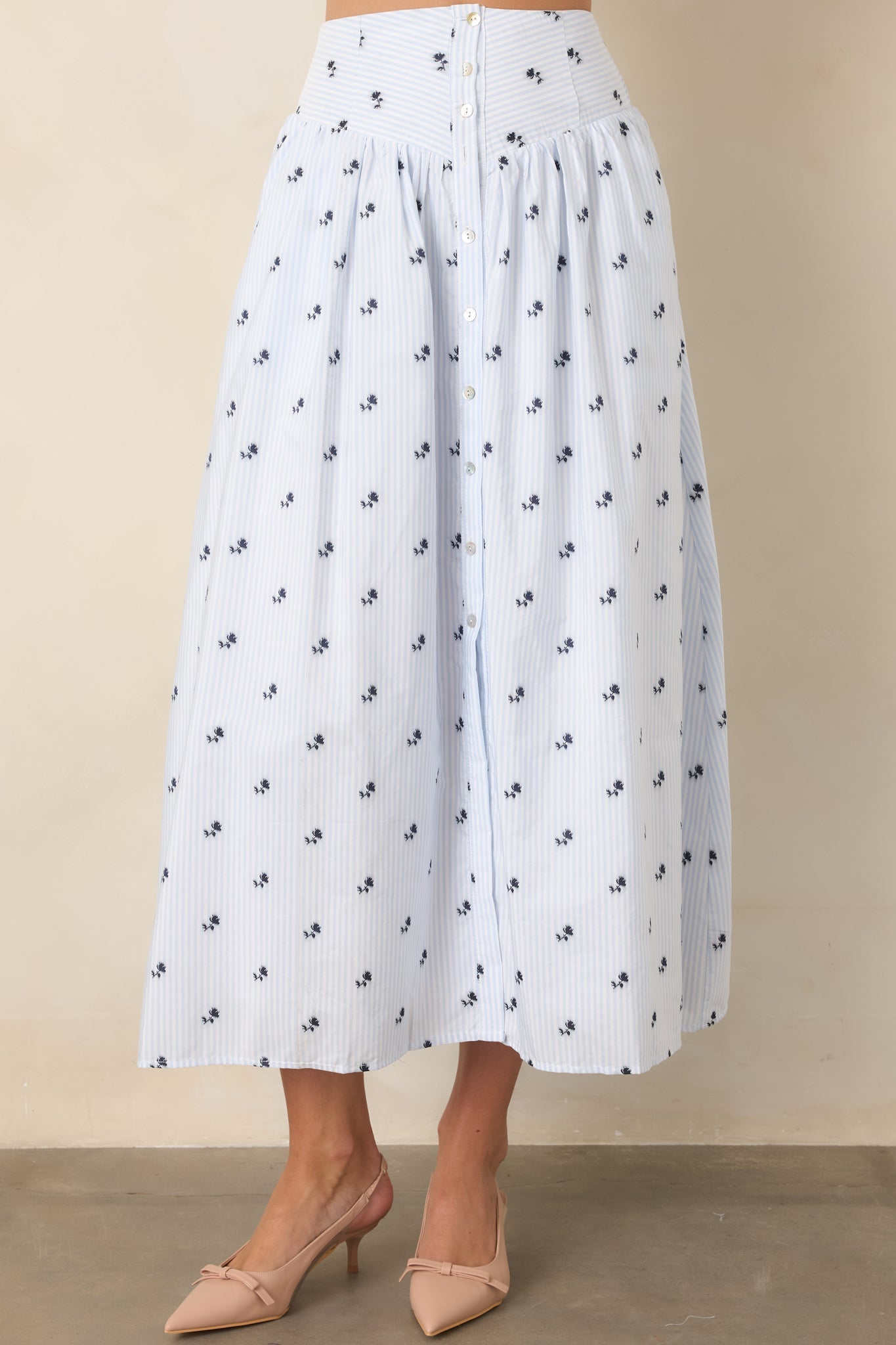 En Saison Veronica Blue Floral Stripe Button Front Maxi Skirt