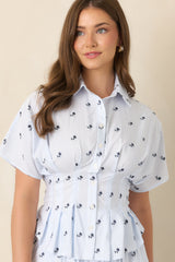 En Saison Veronica Blue Floral Stripe Button Front Peplum Top