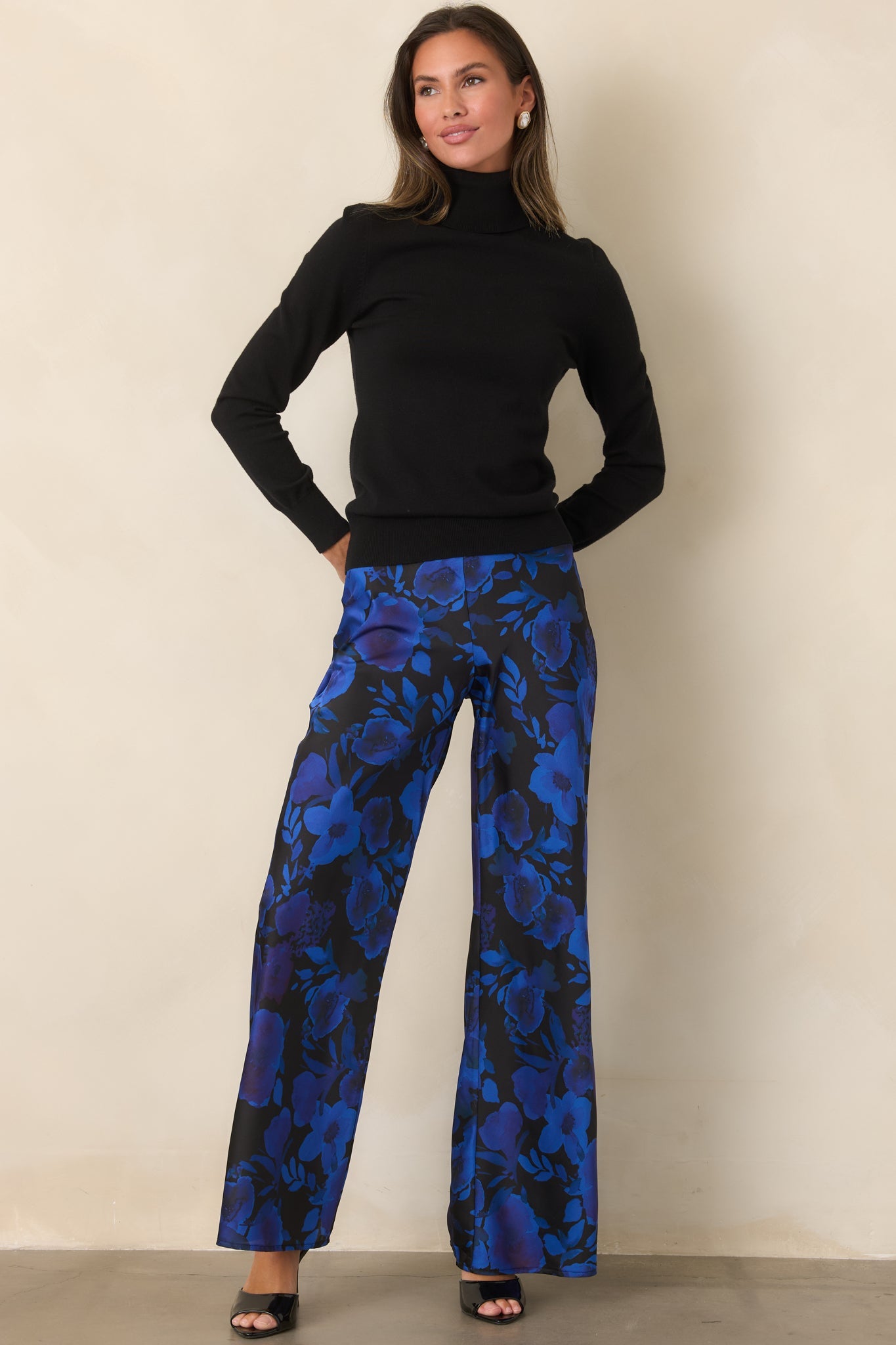 A Whole New Direction Black & Cobalt Floral Satin Wide Leg Pants