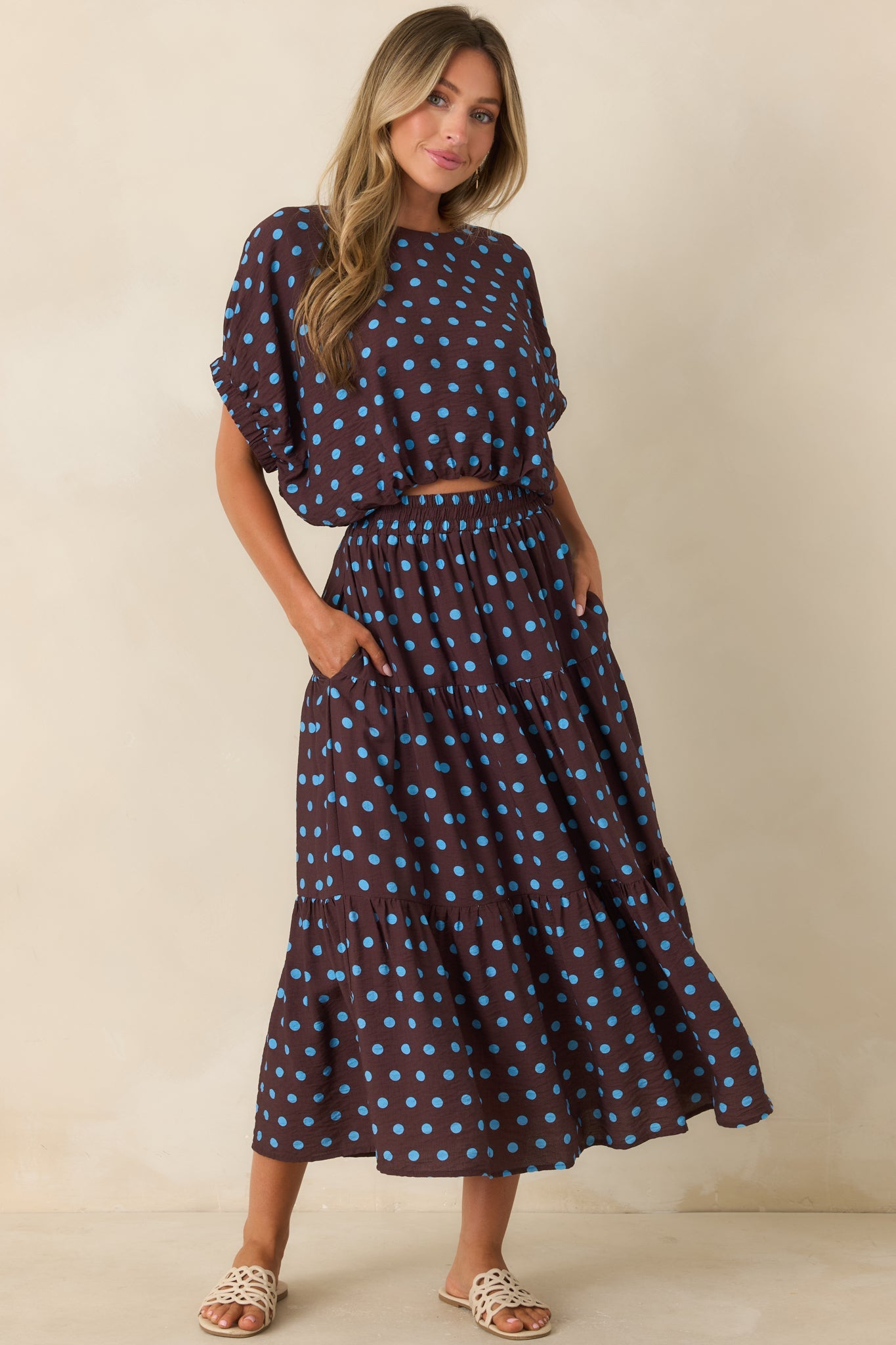 Café Rendezvous Brown & Blue Polka Dot Tiered Maxi Skirt