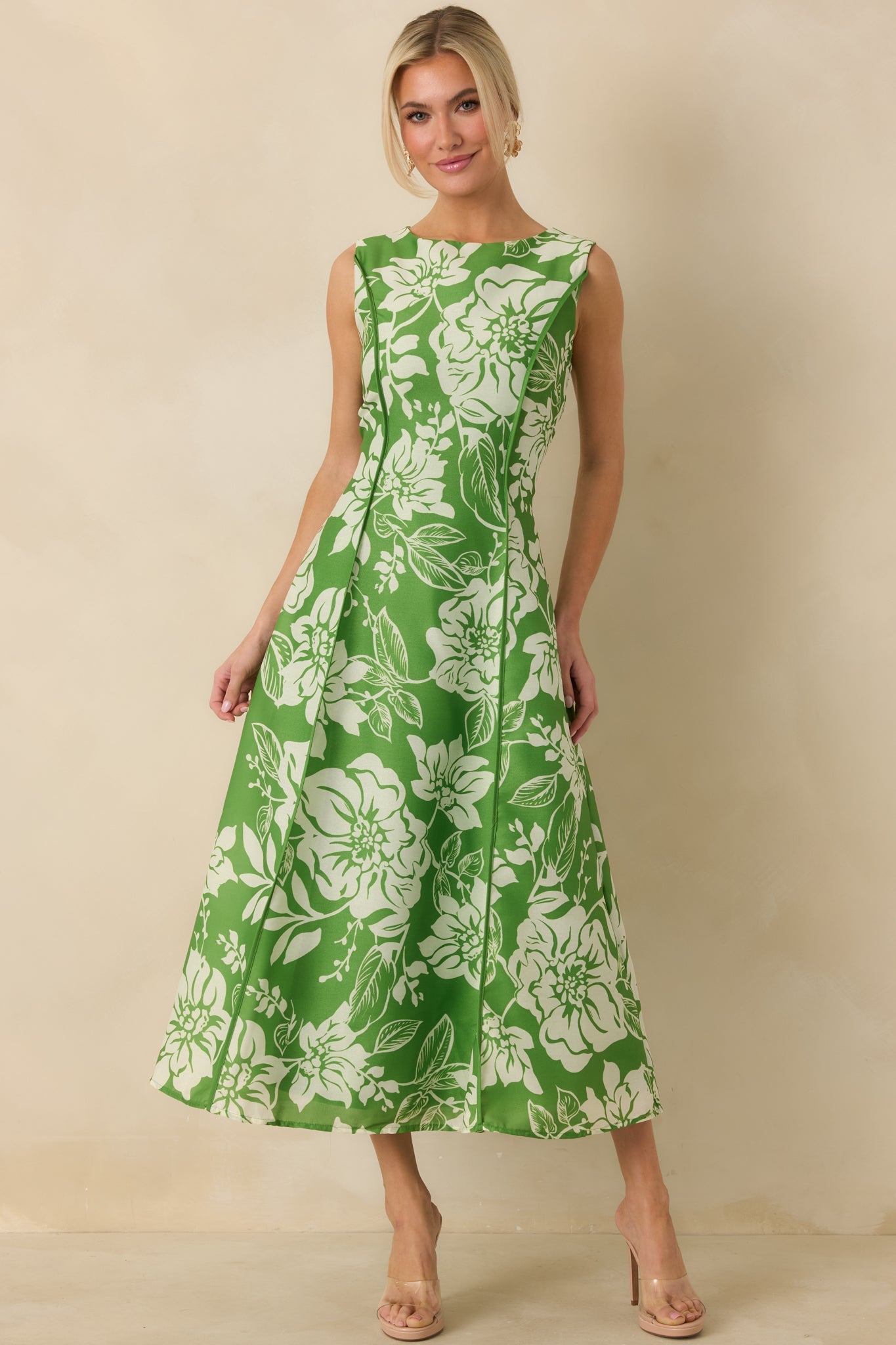 A Beautiful Becoming Green Floral Print Sleeveless Midi Dress
