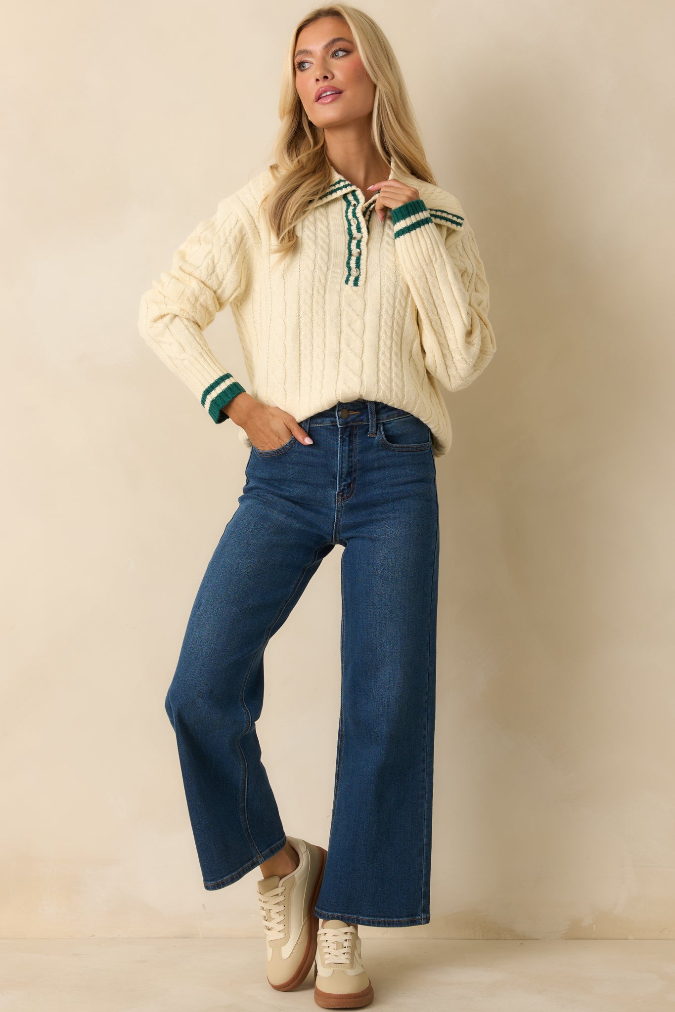 Alpine Afternoon Ivory Cable Knit Contrast Trim Collared Sweater