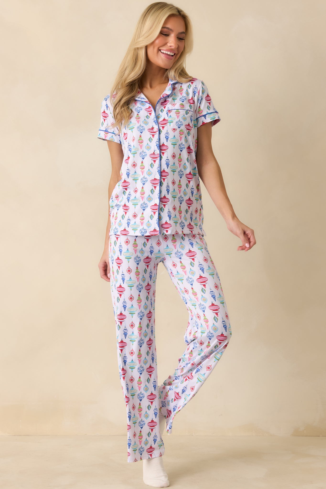 Decked In Delight White Multi Ornament Pajama Pants