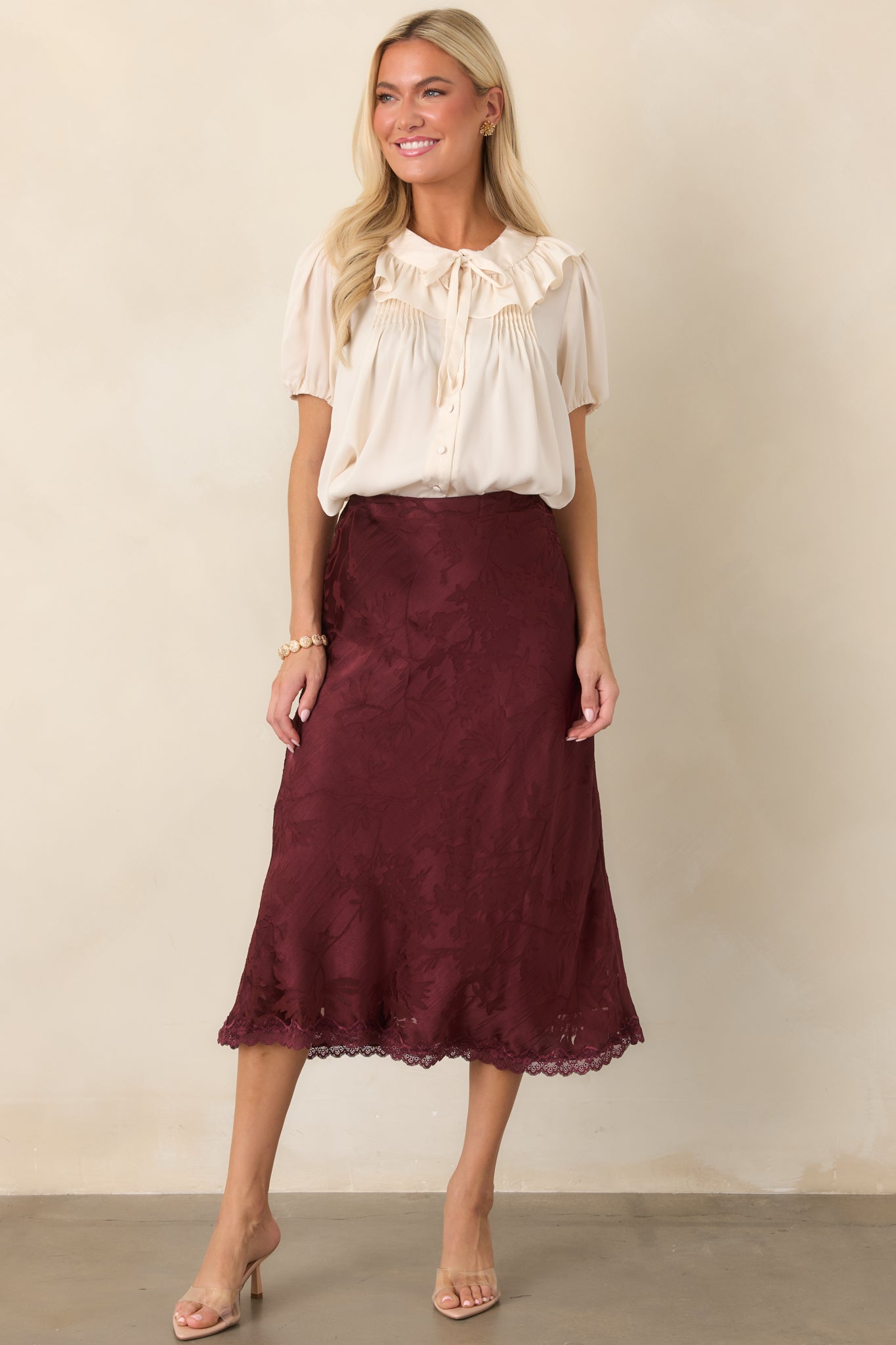 ASTR the Label Zayne Champagne Ruffle-Collar Babydoll Blouse