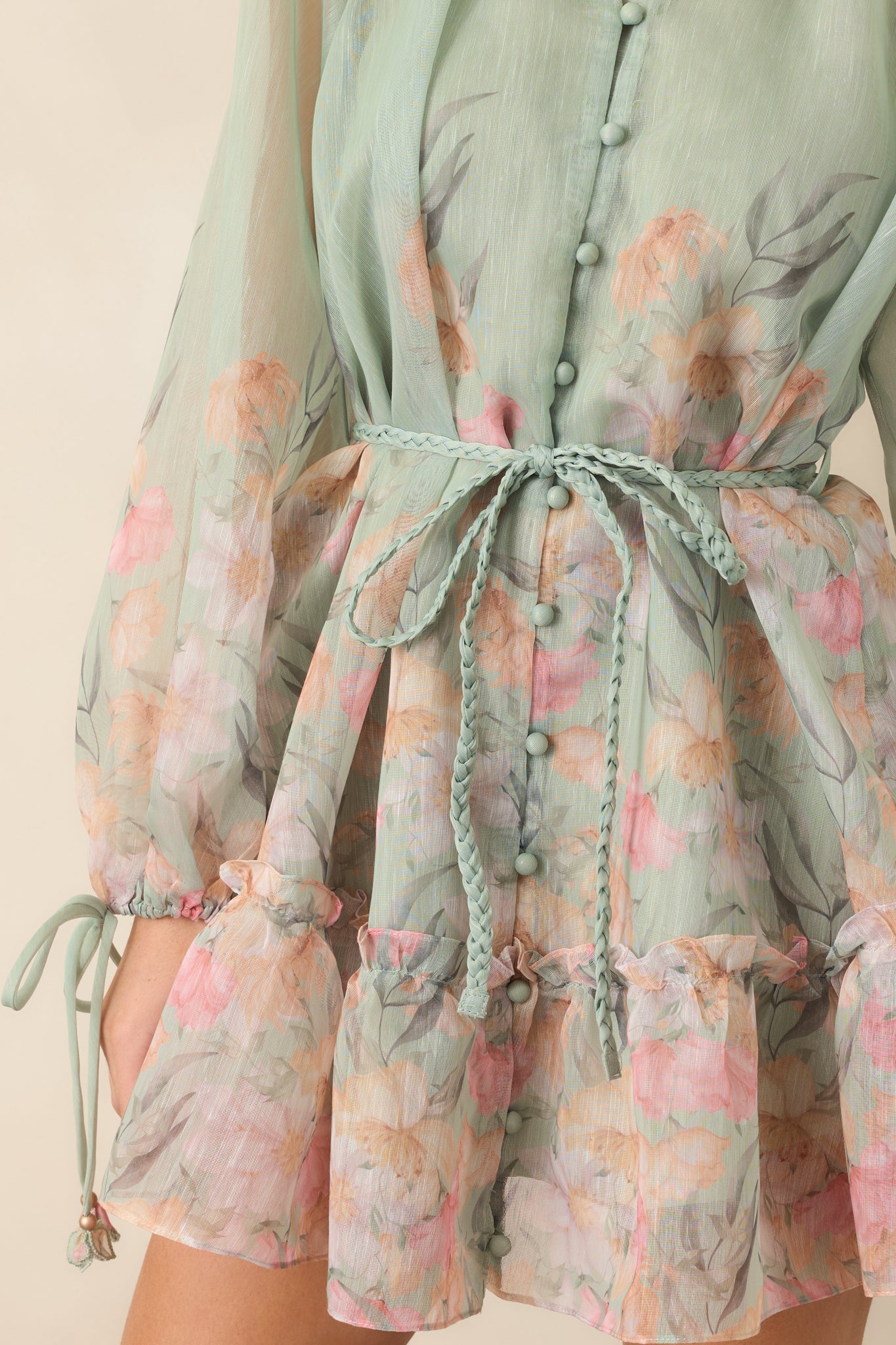 En Saison Katelyn Sage Multi Floral Belted Button Front Mini Dress