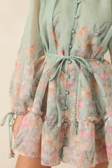 En Saison Katelyn Sage Multi Floral Belted Button Front Mini Dress
