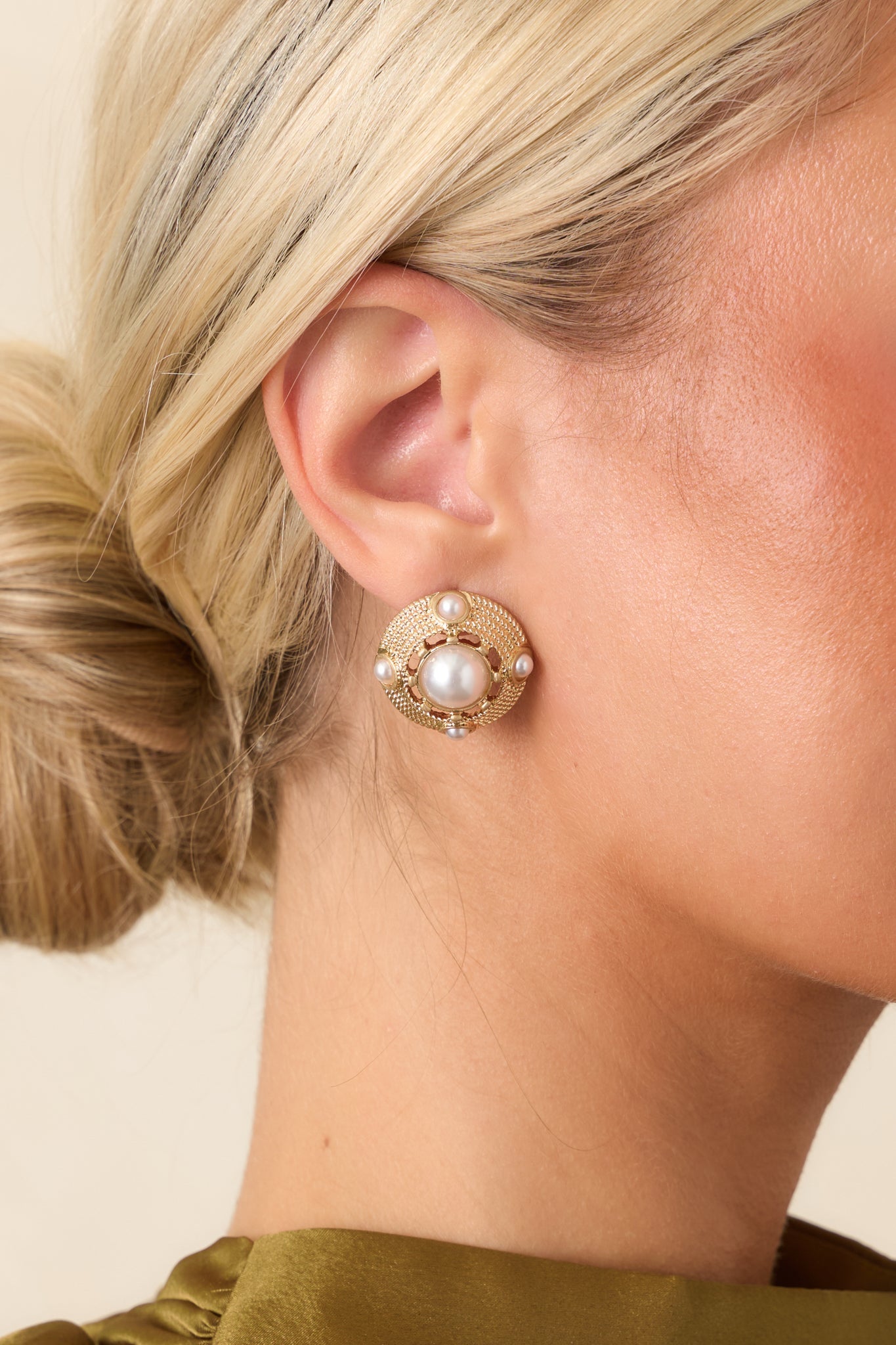 At the Center of Attention Gold & Pearl Circle Stud Earrings