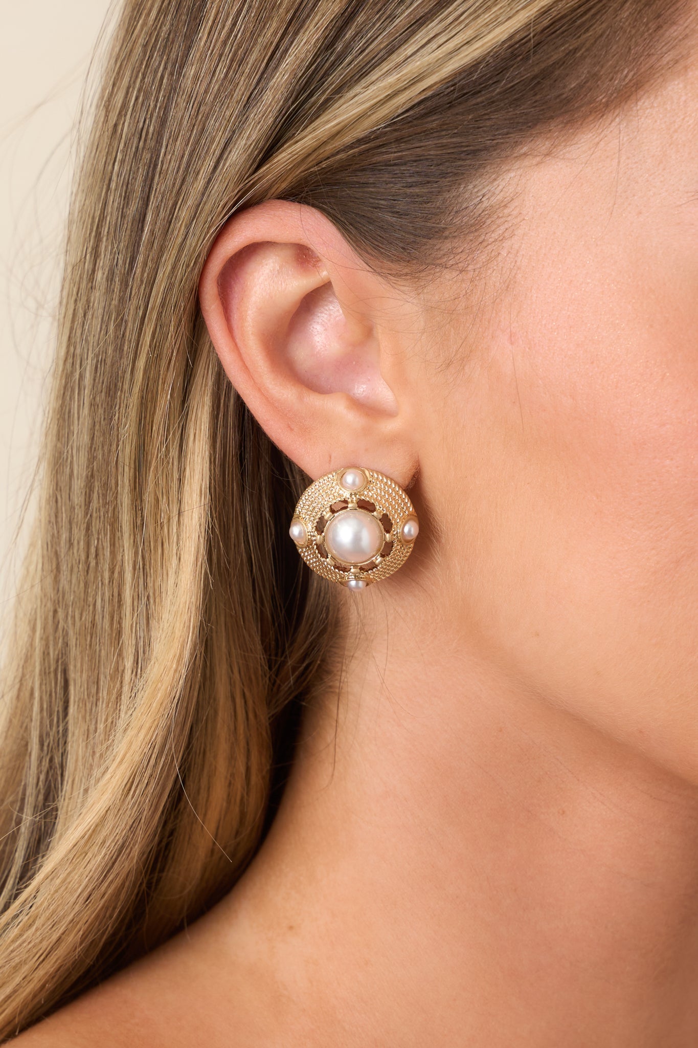 At the Center of Attention Gold & Pearl Circle Stud Earrings