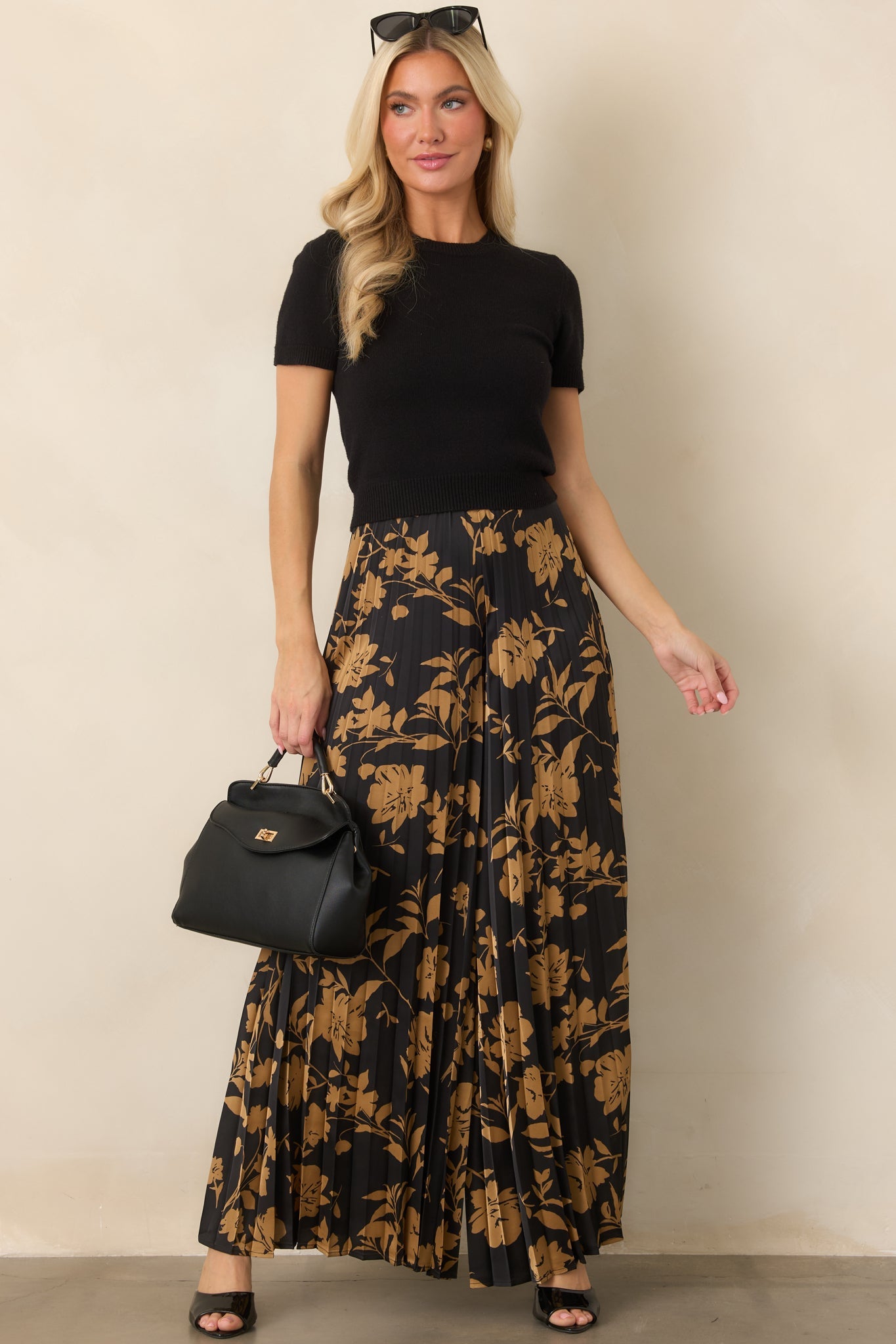 Allow Me to Elaborate Black & Gold Floral Pleated Palazzo Pants