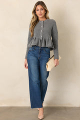 En Saison Annie Heather Gray Plaid Trim Peplum Cardigan