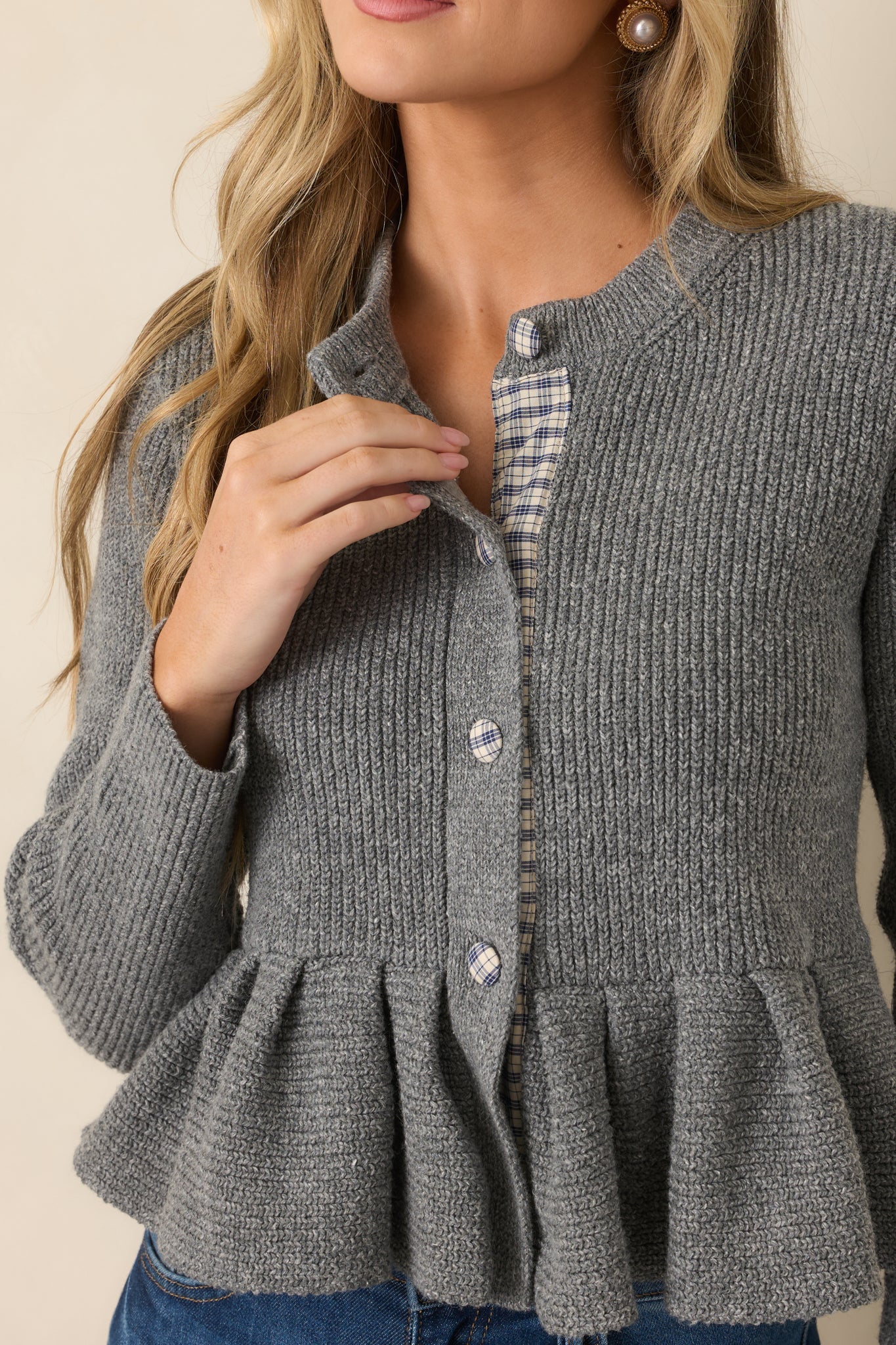 En Saison Annie Heather Gray Plaid Trim Peplum Cardigan