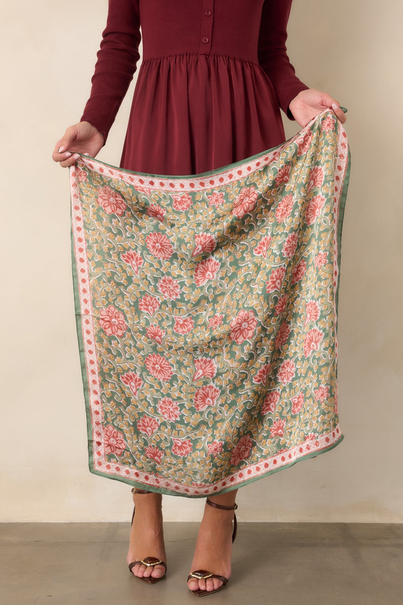 As the Story Goes Green Multi Floral Scroll Print Scarf