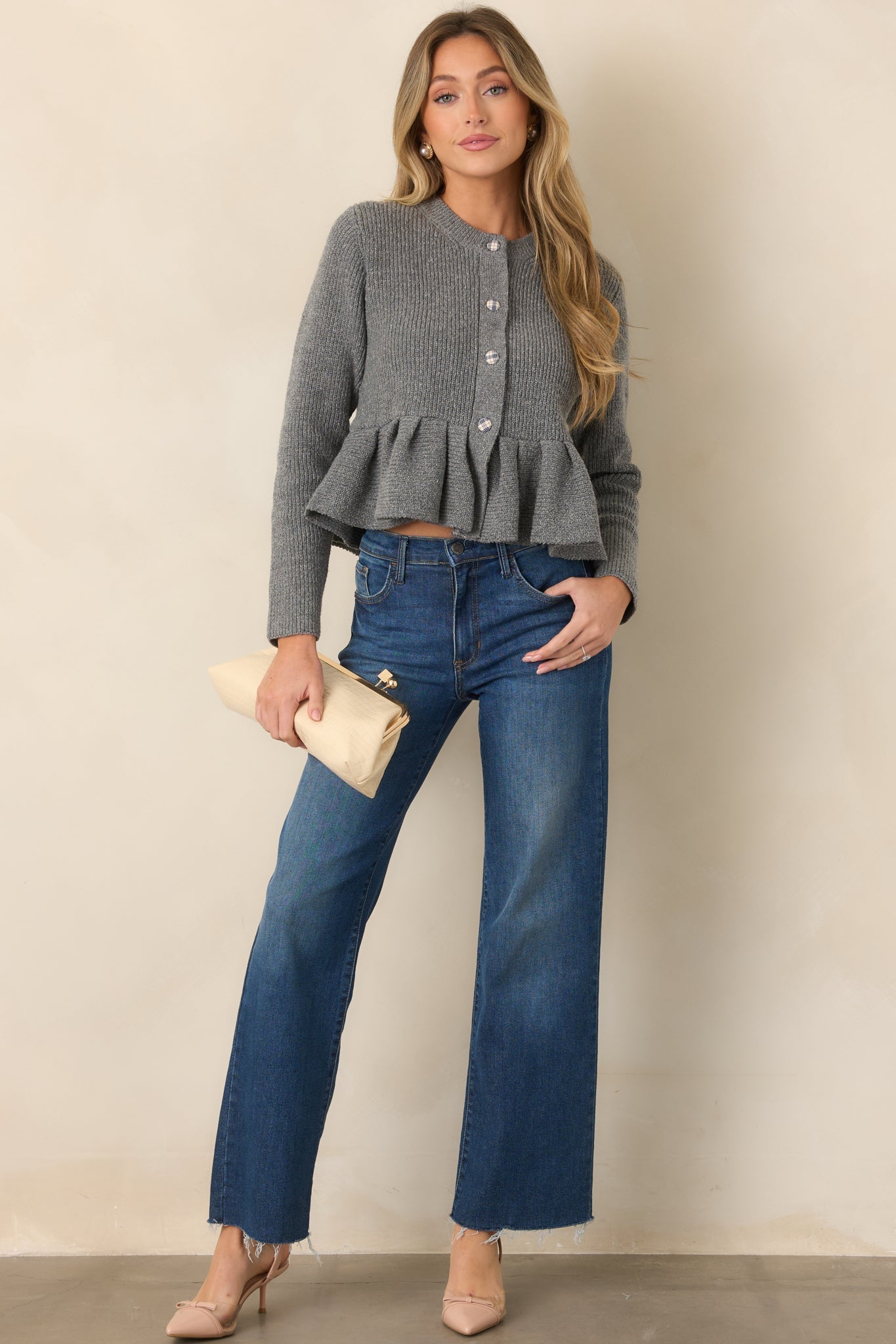 En Saison Annie Heather Gray Plaid Trim Peplum Cardigan