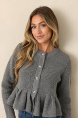 En Saison Annie Heather Gray Plaid Trim Peplum Cardigan