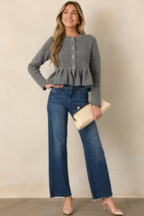 En Saison Annie Heather Gray Plaid Trim Peplum Cardigan