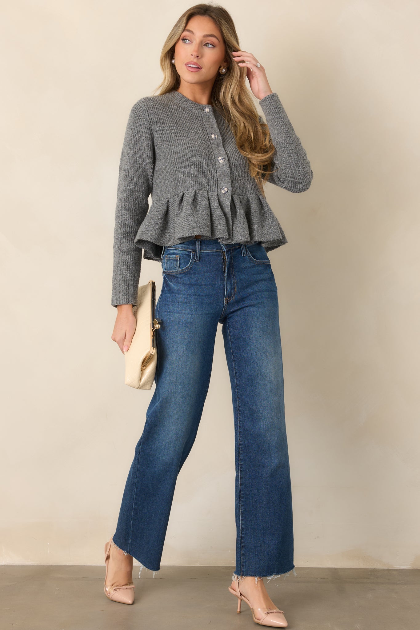 En Saison Annie Heather Gray Plaid Trim Peplum Cardigan