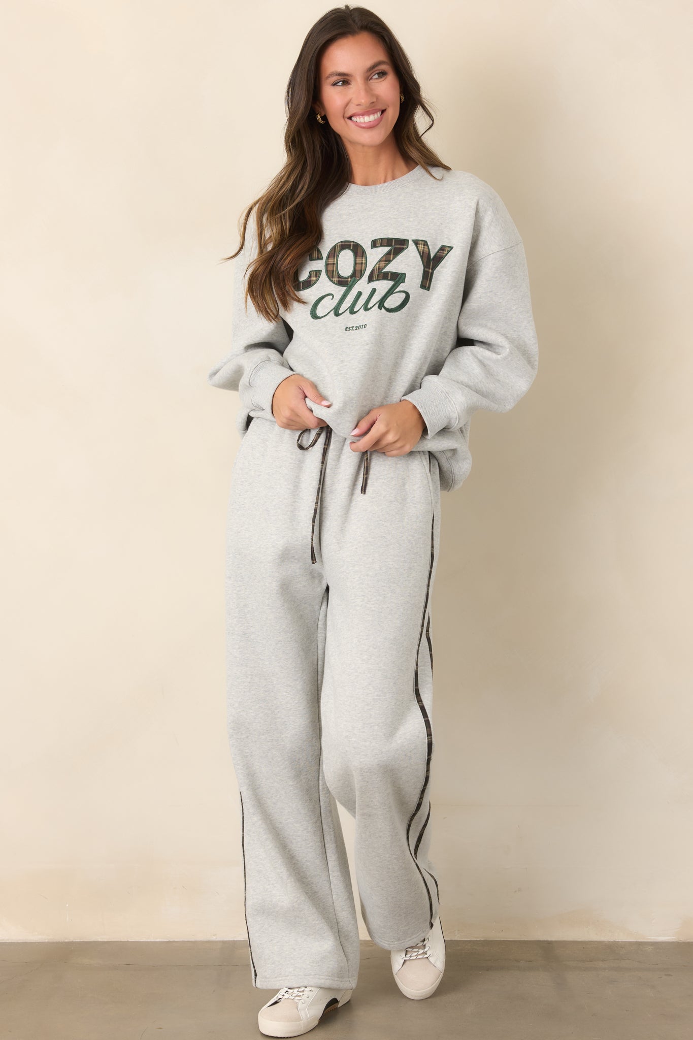 Cozy Club Heather Grey Plaid Stripe Sweatpants