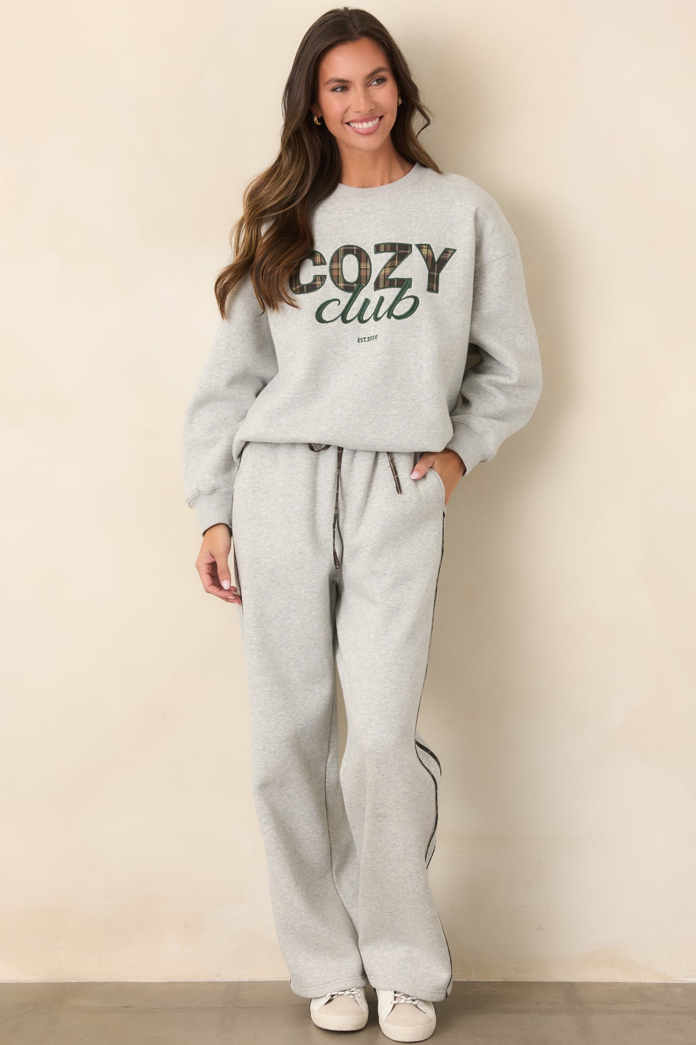 Cozy Club Heather Grey Plaid Stripe Sweatpants