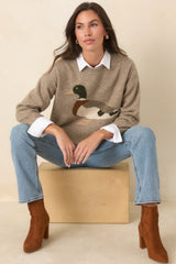 A Little Fowl Play Taupe Duck Intarsia Knit Sweater