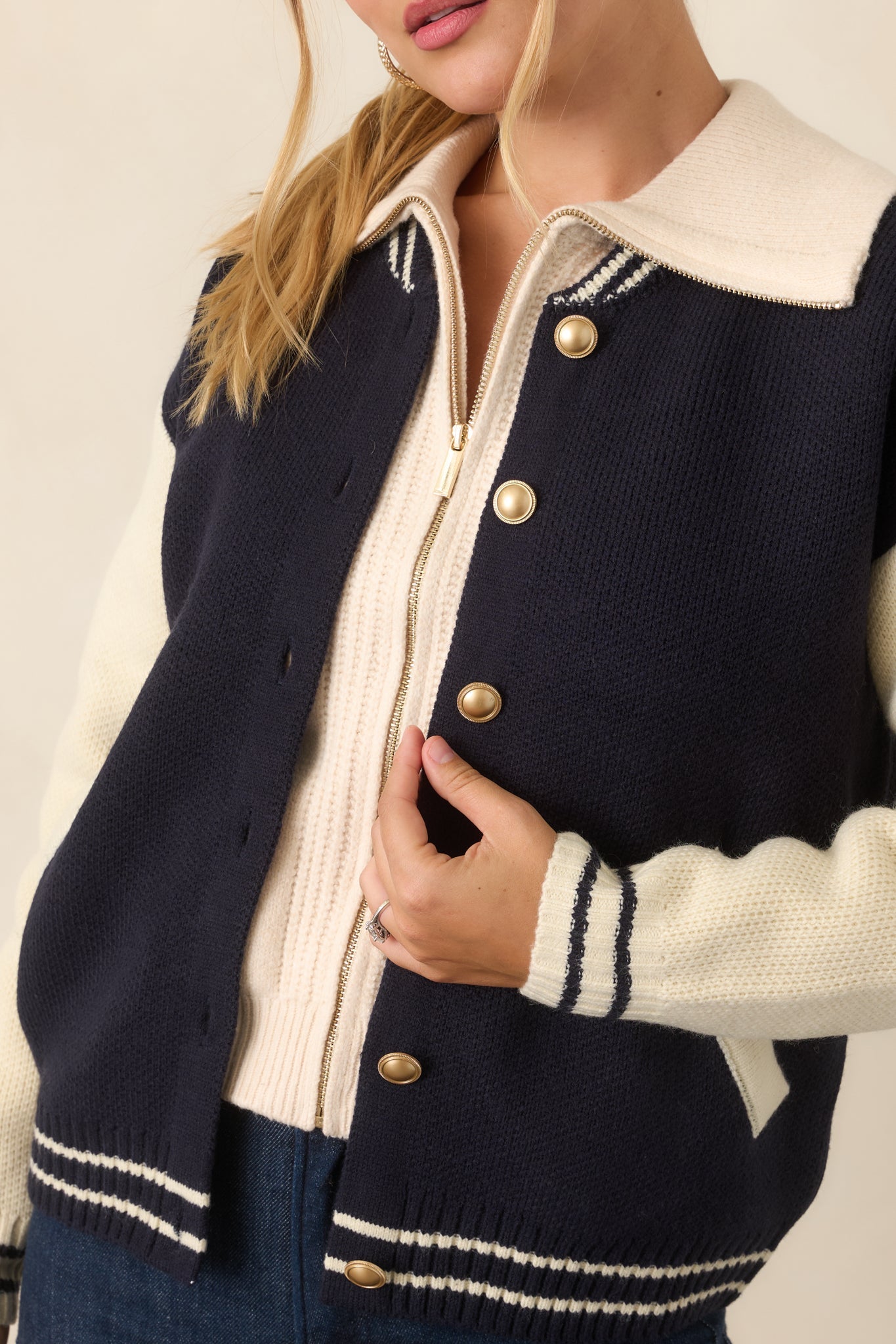 ASTR the Label Grayson Navy Colorblock Varsity Jacket