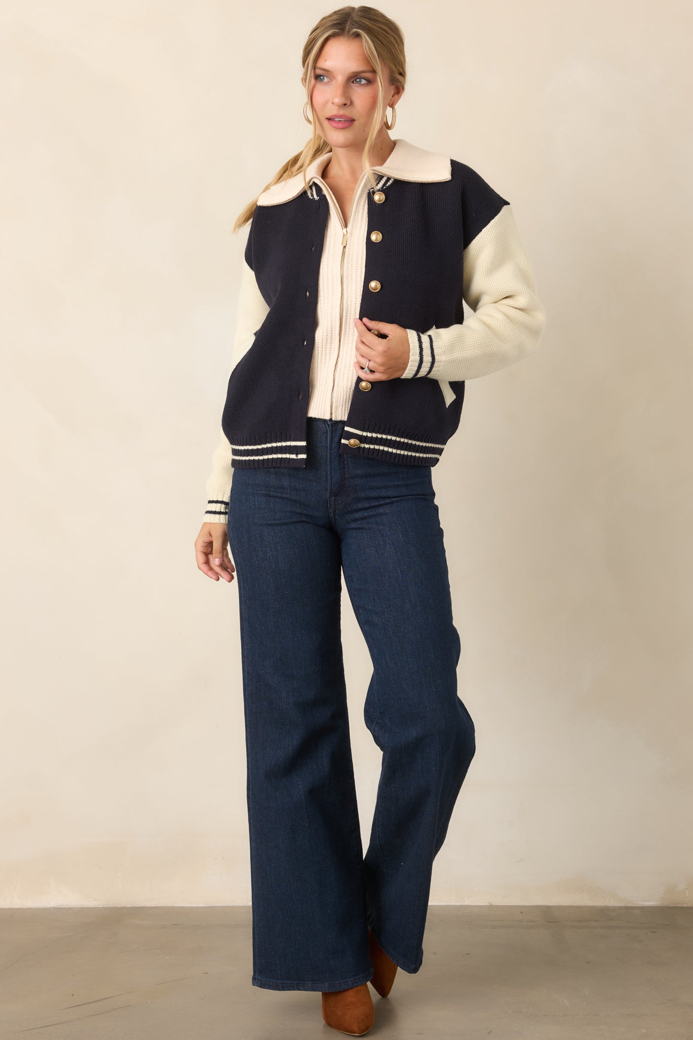 ASTR the Label Grayson Navy Colorblock Varsity Jacket