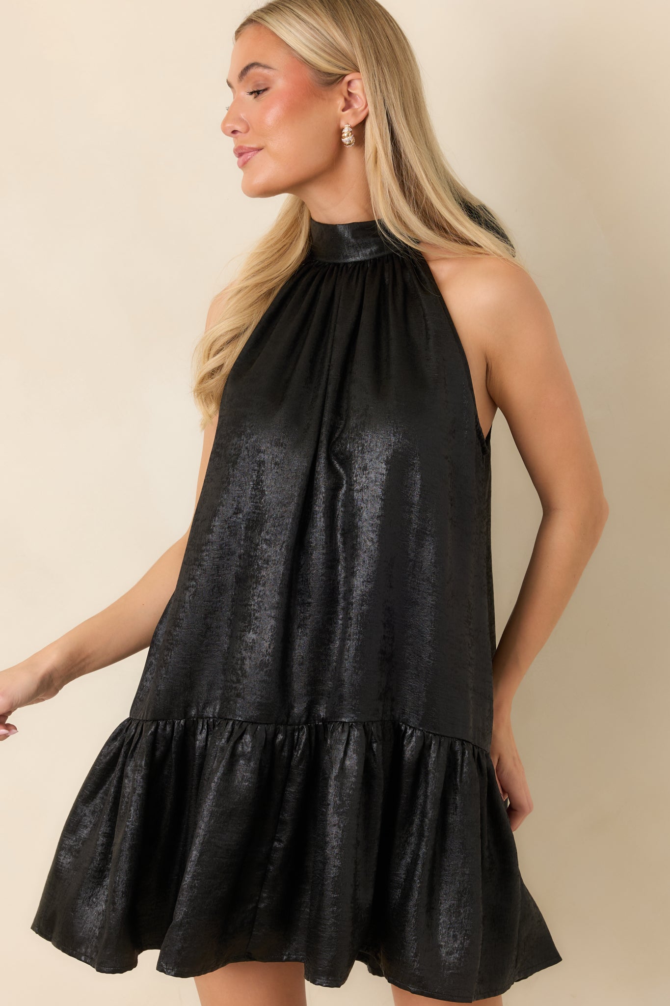 Fancy That Black Halter Bow Back Ruffle Hem Mini Dress