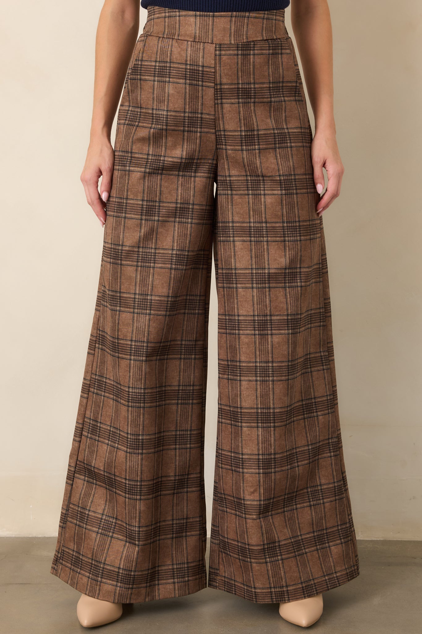 Astrid Mitchel Brown Plaid High Rise Wide Leg Pants