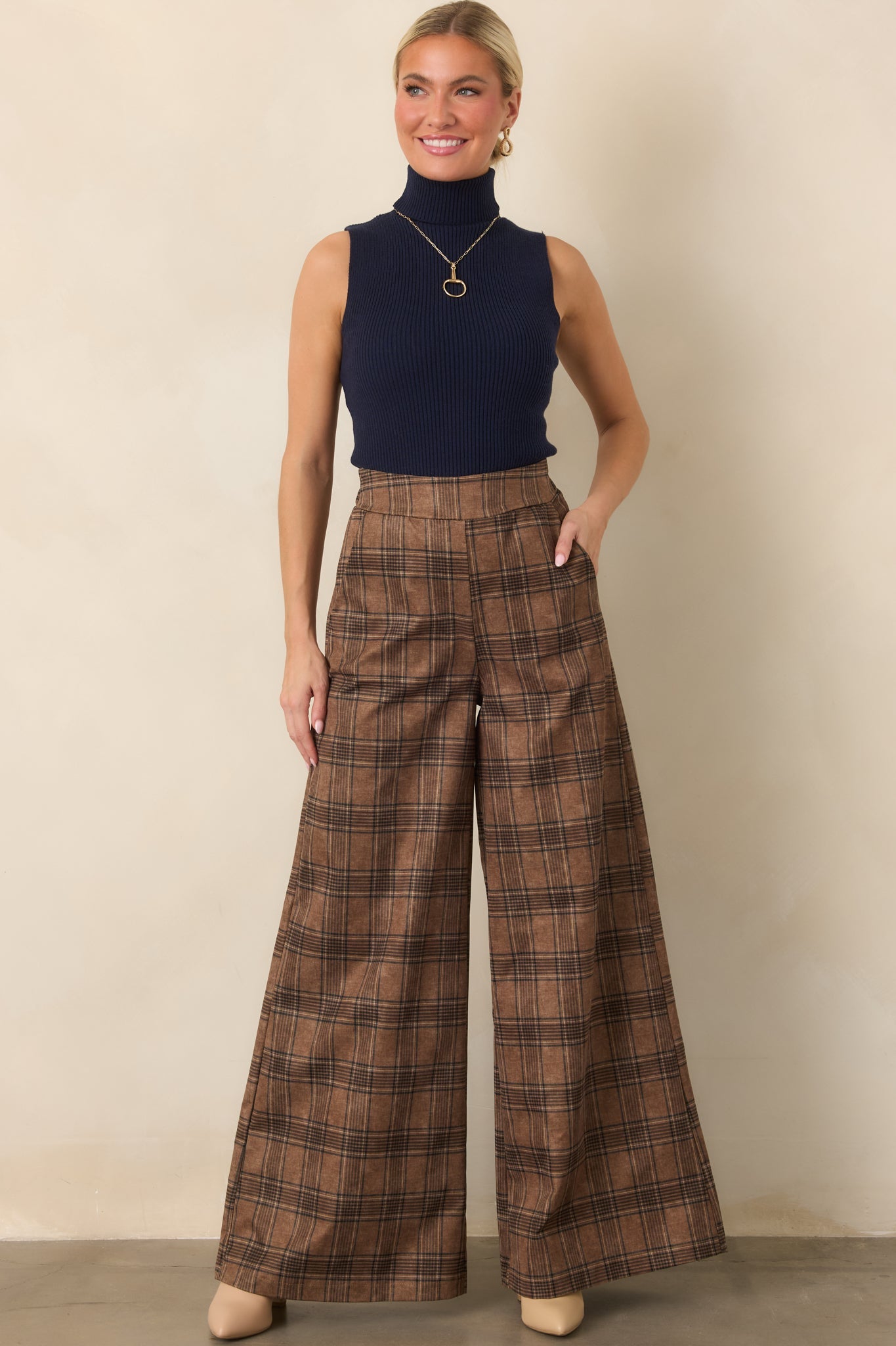 Astrid Mitchel Brown Plaid High Rise Wide Leg Pants