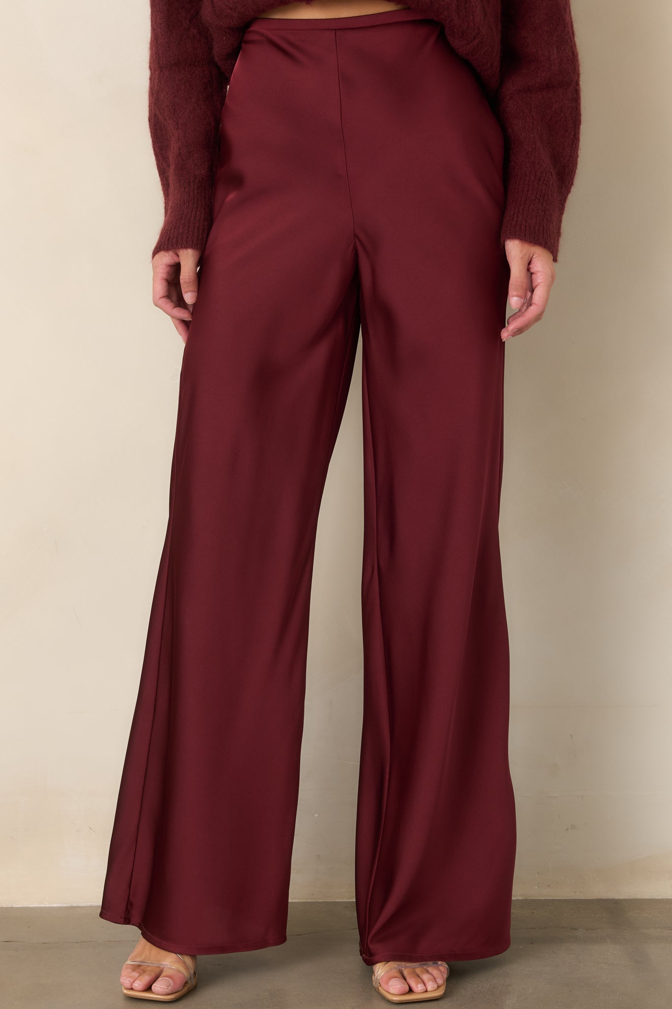 A Whole New Direction Wine Red Satin Wide Leg Pants