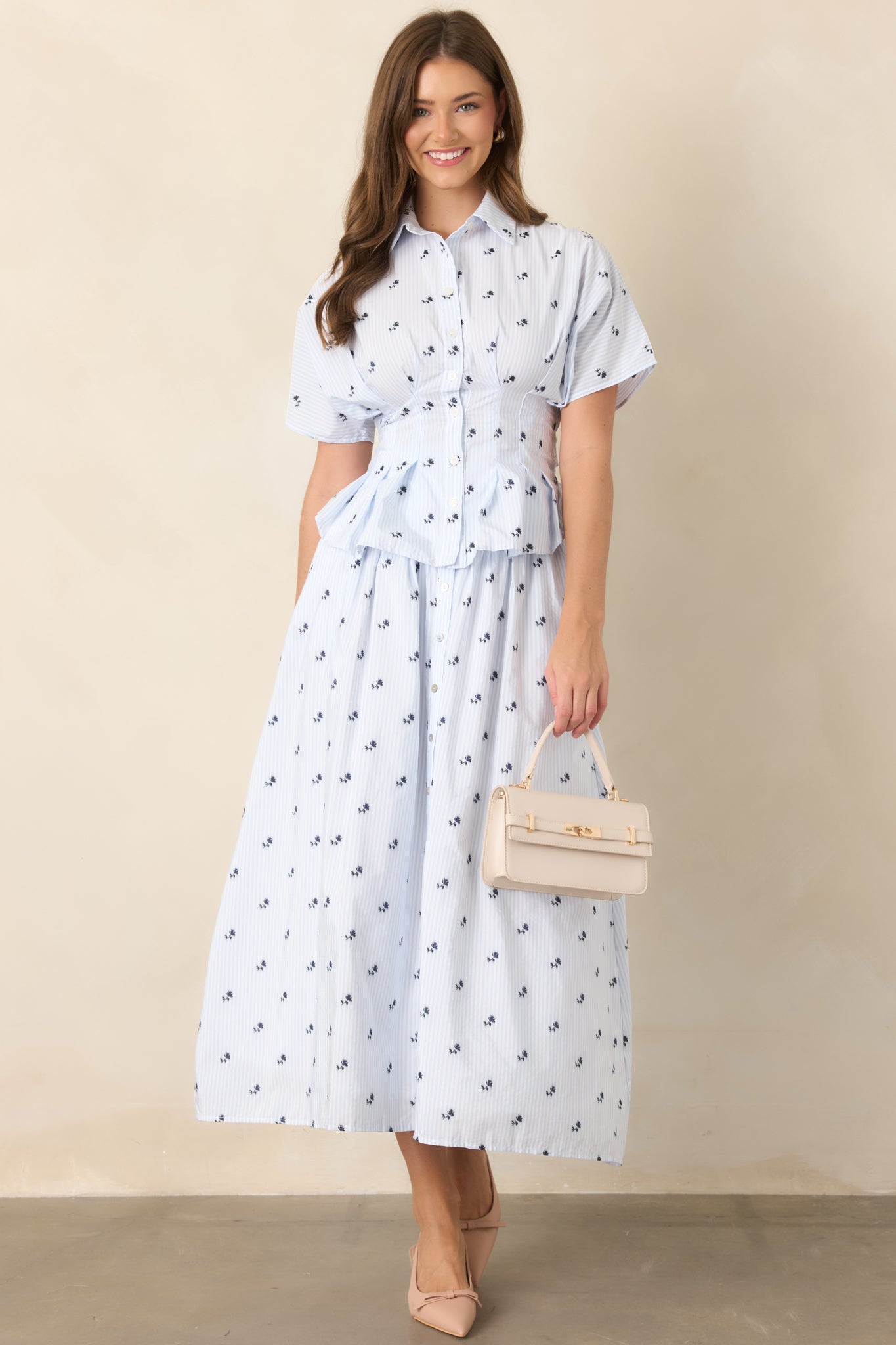 En Saison Veronica Blue Floral Stripe Button Front Maxi Skirt