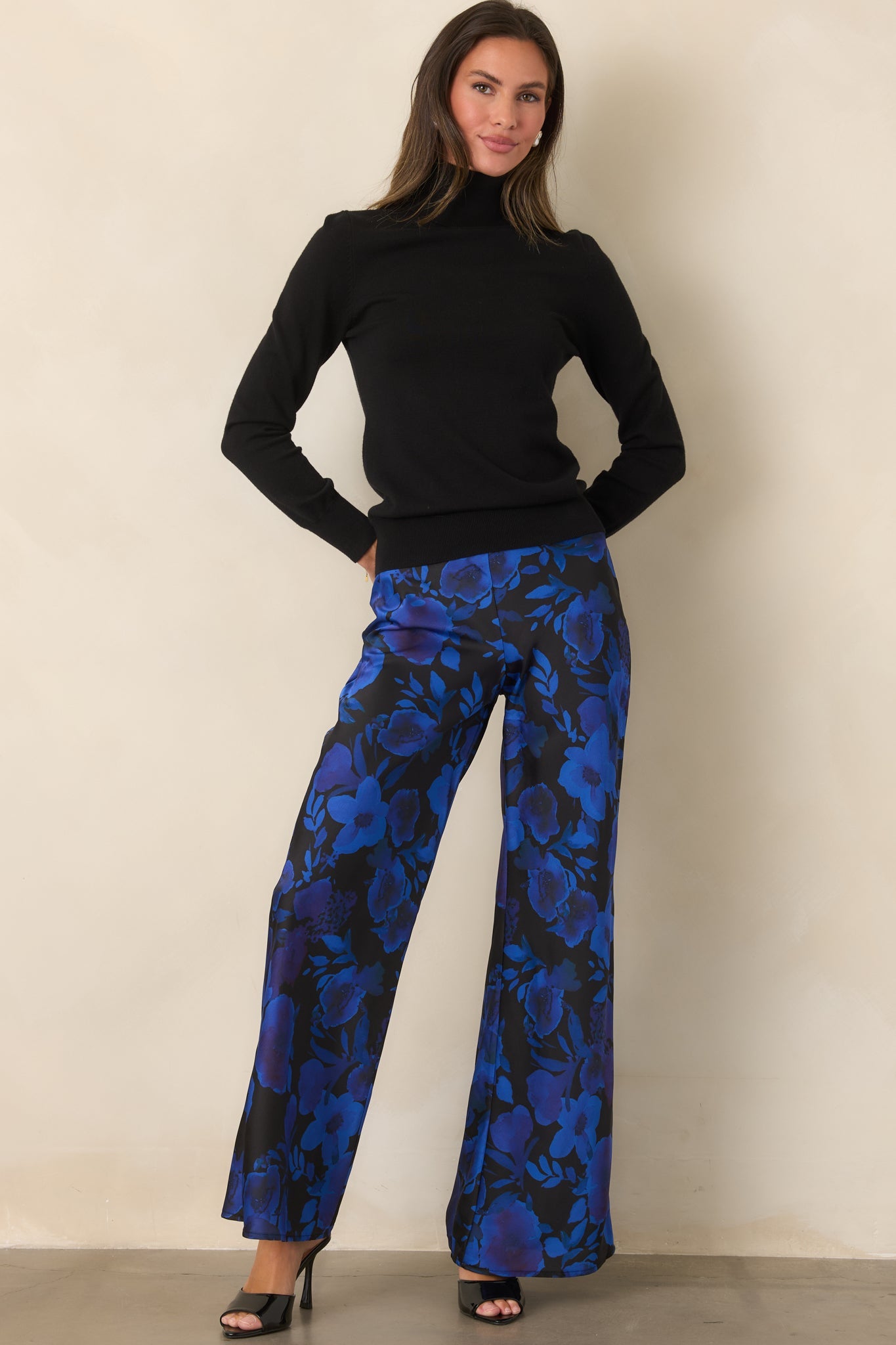 A Whole New Direction Black & Cobalt Floral Satin Wide Leg Pants