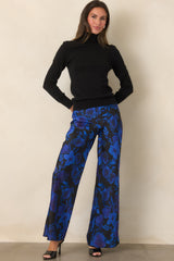 A Whole New Direction Black & Cobalt Floral Satin Wide Leg Pants