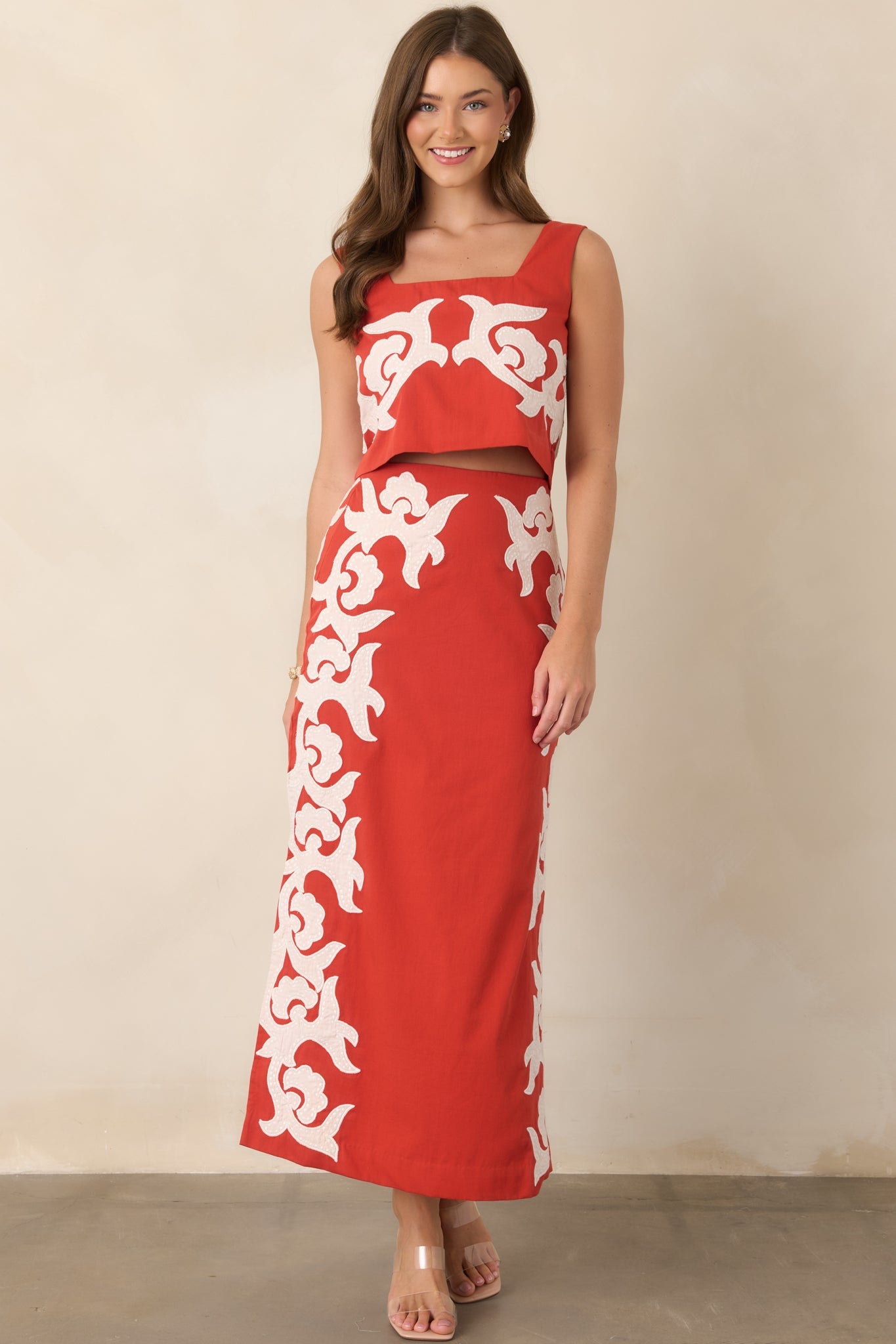 Anna Cate Dillon Bright Red Cotton Appliqué Midi Skirt