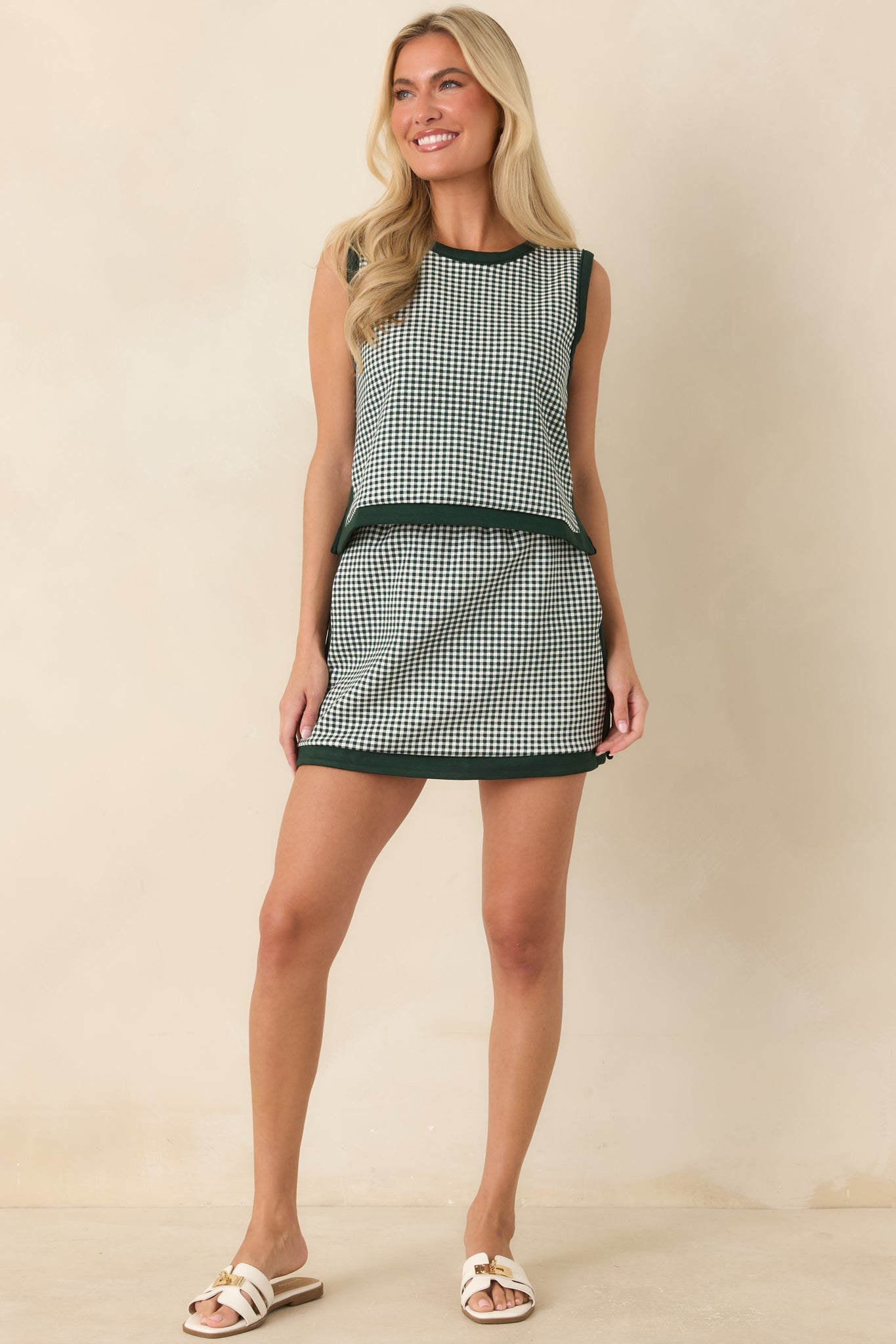 Check the Agenda Hunter Green Gingham Contrast Trim Sleeveless Top
