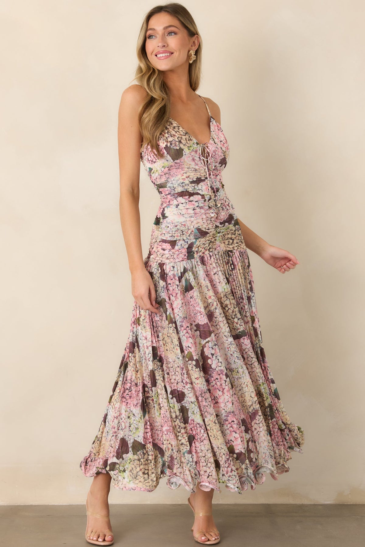 En Saison Kelsey Blush Pink Multi Floral Ruched Maxi Dress