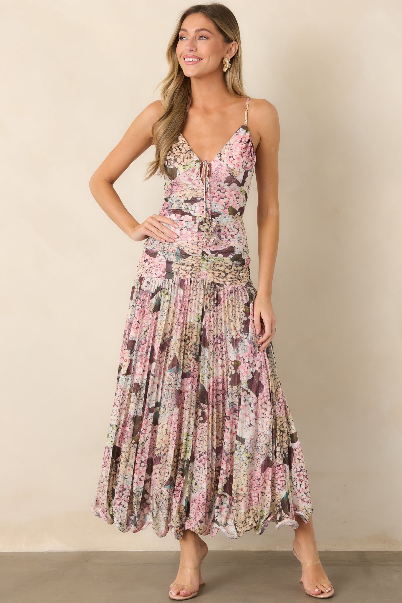 En Saison Kelsey Blush Pink Multi Floral Ruched Maxi Dress
