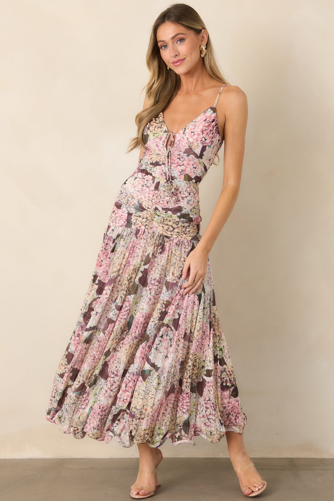 En Saison Kelsey Blush Pink Multi Floral Ruched Maxi Dress