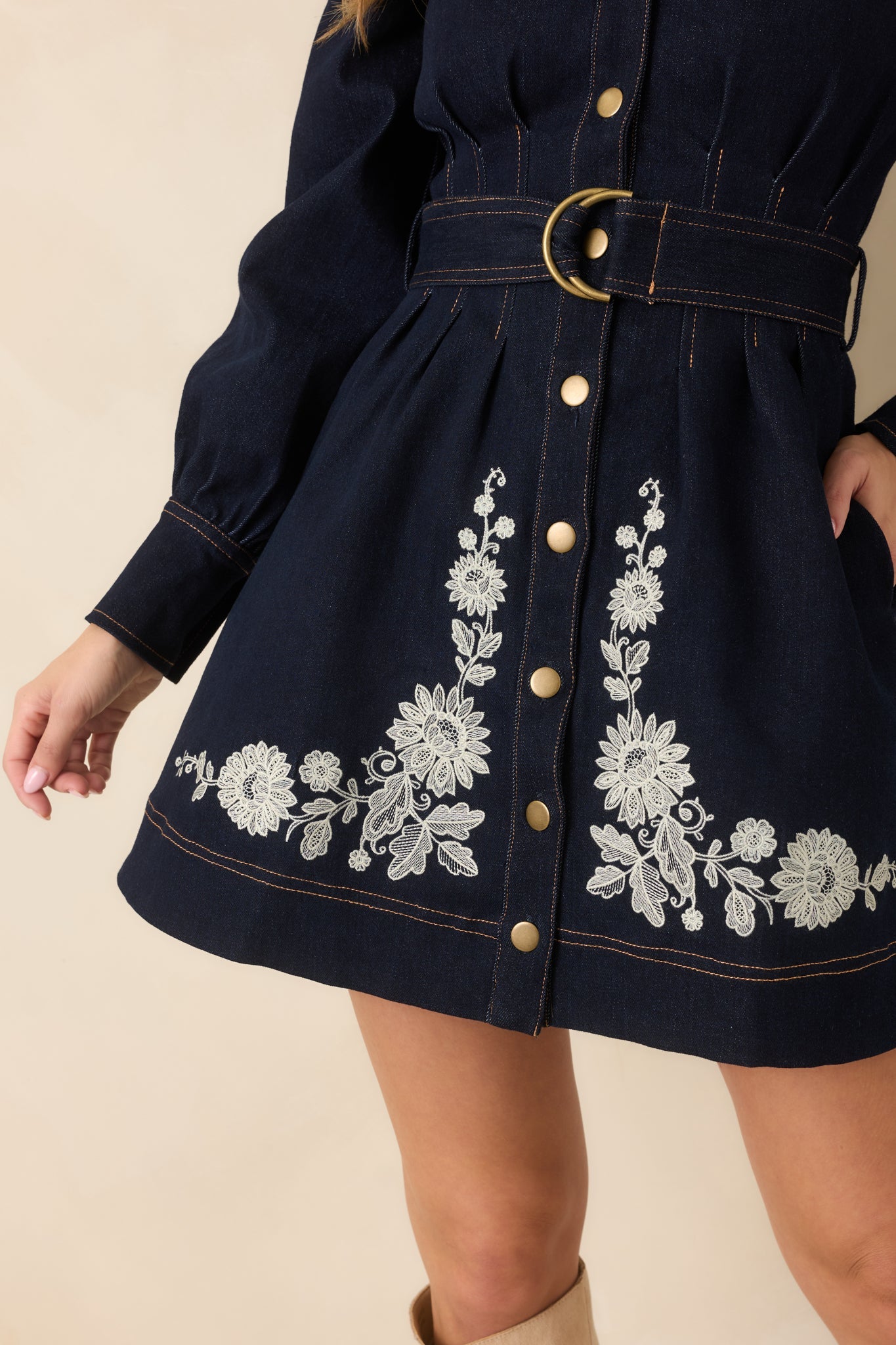 En Saison Carol Dark Indigo Denim Floral Embroidered Mini Dress